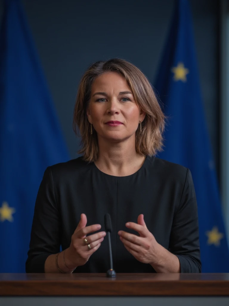 Portrait of annbae woman, standing behind a desk with two microphones, talking to the camera, gesturing with her hands. EU european flag in the background