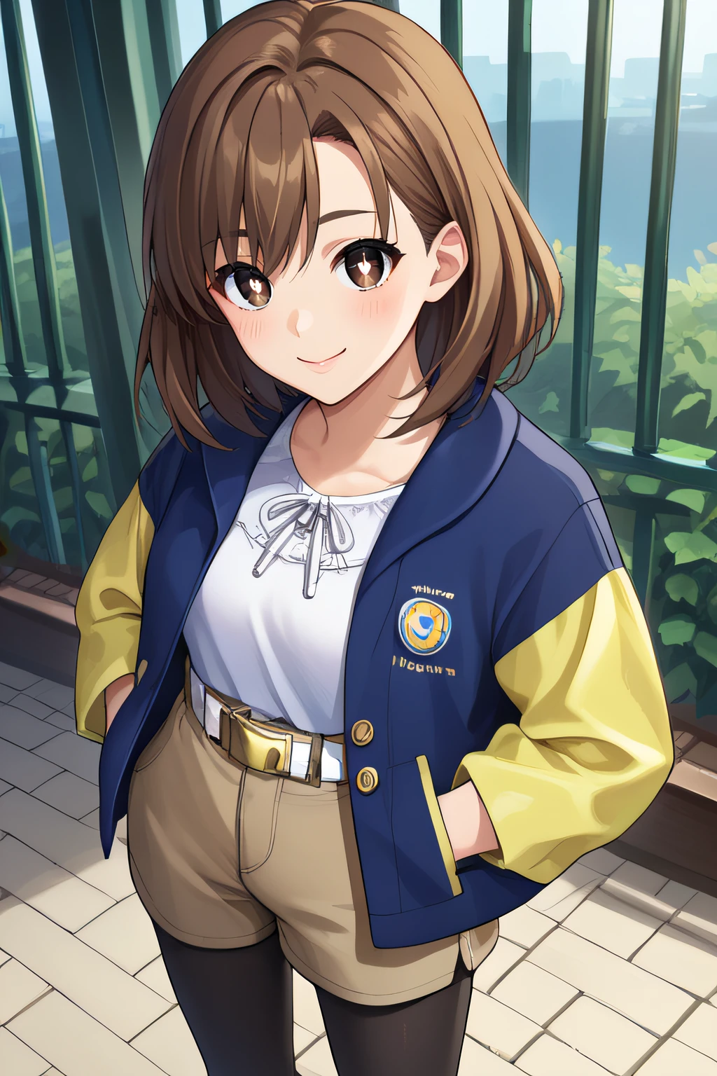 score_9, score_8_up, score_7_up, source_anime, rating_safe, intricate details, 1girl, <lora:Kinosaki_Arisa:1>, arisa, brown hair, medium hair, brown eyes, white pupils, blue jacket, yellow sleeves, white shirt, white belt, brown shorts, black leggings, smile, cowboy shot, looking at viewer, outdoor, hands on pockets, blush, from above