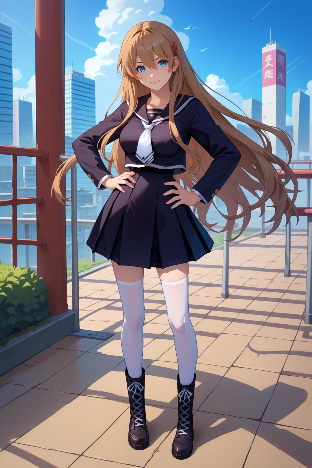 score_9, score_8_up, score_7_up, score_6_up, source_anime, 1girl, solo,  <lora:hiiragiasuka-pdxl-nvwls-v1-000005:1> txasuka, long hair, brown hair, blue eyes, hairpin, black serafuku, white necktie, school uniform, black skirt, white thighhighs, blue sky, city, breasts, smile, hand on hip, full body, black boots, looking at you