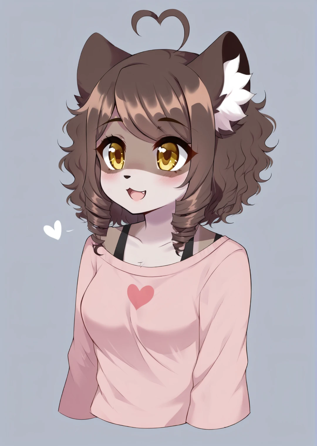 furry female, animal ears, yellow eyes, heart ahoge, Anthro, Tanuki girl, short hair, Curly Hair, by chinjireta, ringlets, <lora:CeriseTest3:0.7>,