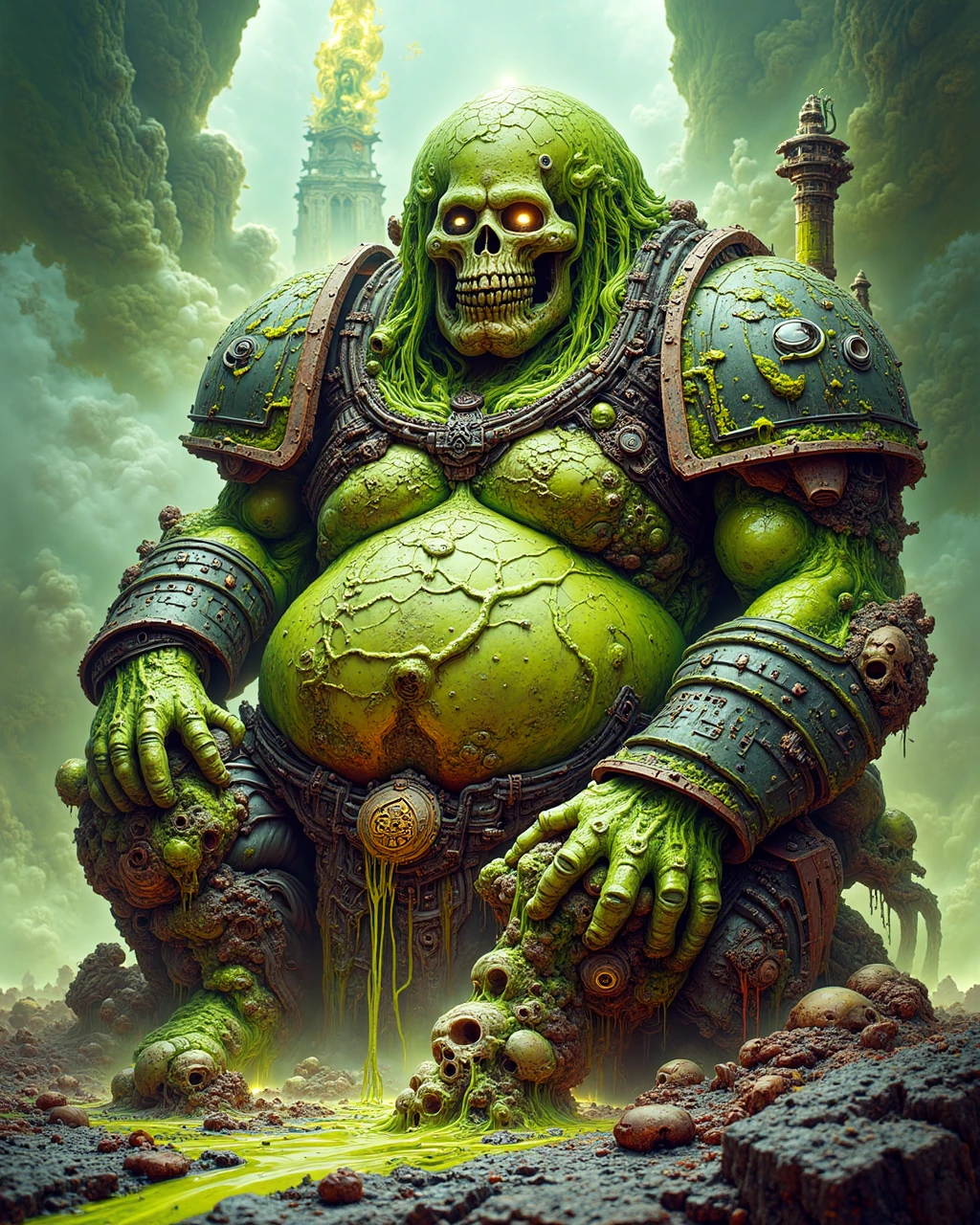 nurgle chaos-prince of decay sitting on a pile of acidic skulls, oozing and dripping with toxic sludge, wearing poison-powered exoskeleton and oozing of radioactive sludge, extremely obese, the atmosphere is ominous and toxic with fumes and toxic ooze on the ground. the style is inspired by warhammer 40k and brutalism.