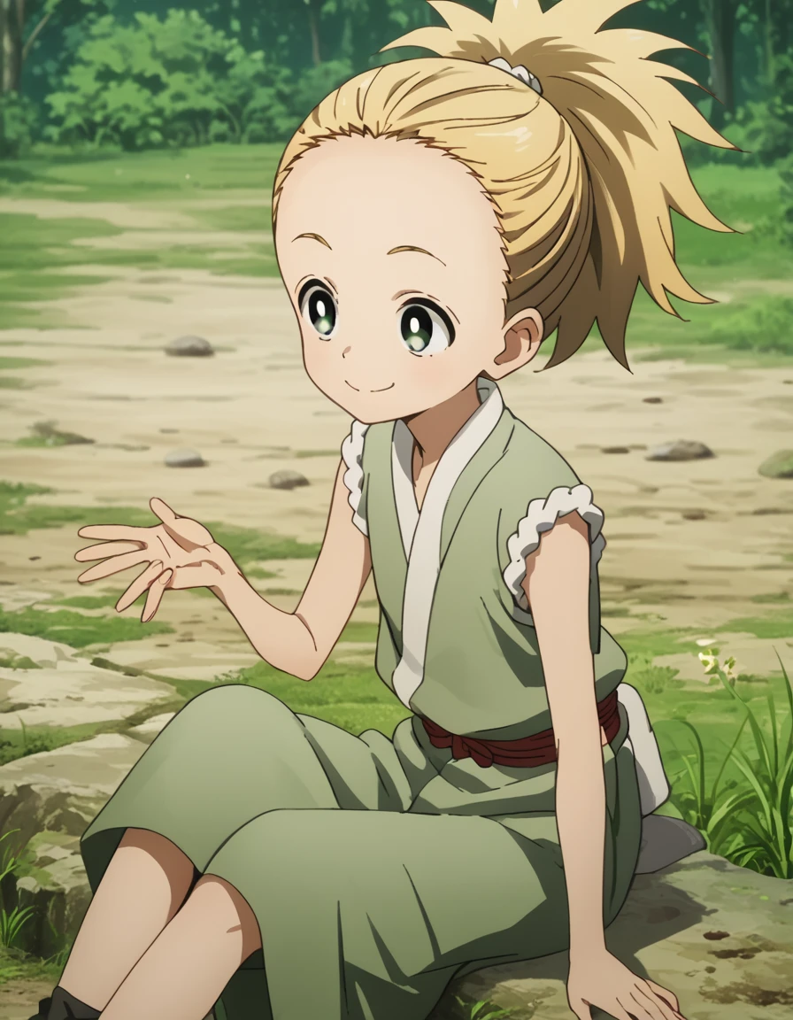 Higuruma, blonde hair, ponytail, japanese clothes score_9, score_8_up, score_7_up, score_6_up, score_5_up, score_4_up, source_anime ,<lora:HeartofKunoichiTsubaki:1>, Smile, sitting,