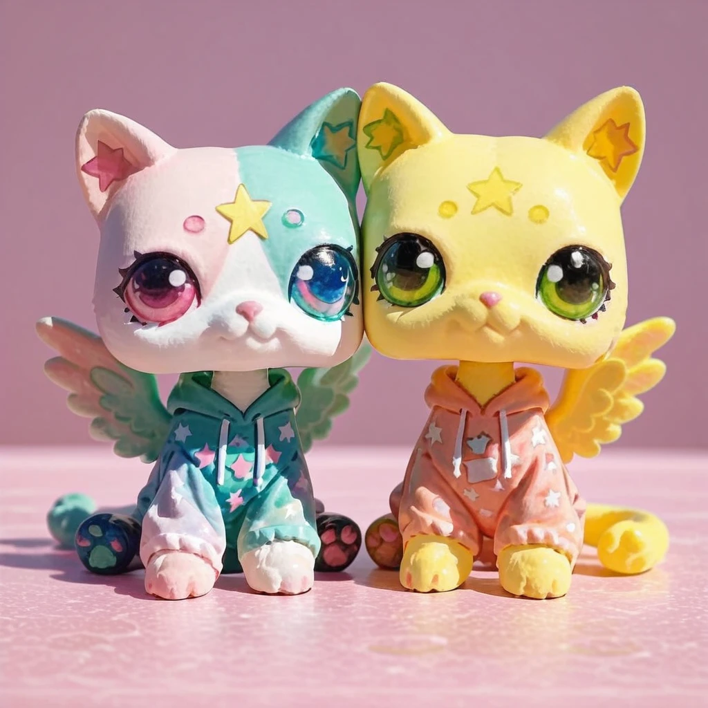 score_9_up, score_8_up, furry female, duo, space cat, pegasus wings, yellow fur, midi skirt with asymmetrical hem, viridian green oversized hoodie,, unique design, abstract, detailed, pink background, photorealistic, custom lps, littlest_pet_shops, <lora:LPS-000009:1>