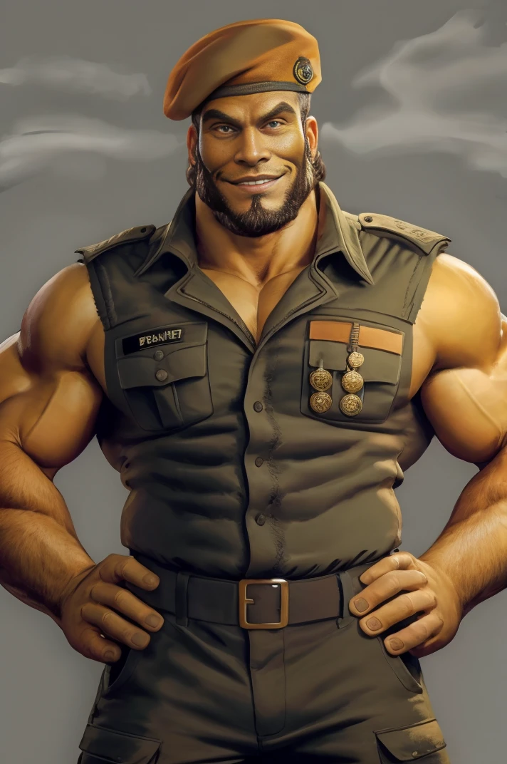 absurdres, upper body, full beard, camo topwear, sleeveless, military uniform, <lora:Buckham:0.85>, buckham, hands on own hips, (muscular male:1.1), grey background, beret, smirk, medal