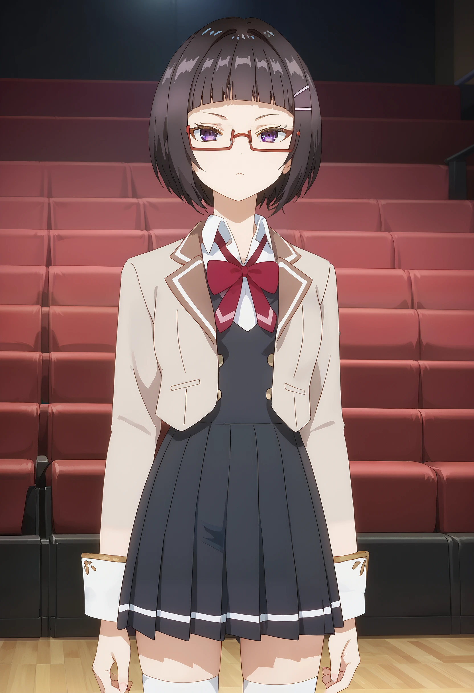 score_9, score_8_up, score_7_up, source_anime, masterpiece, best quality, perfect anatomy, very aesthetic, absurdres,

1girl, solo,
Sayaka_Taniyama, black hair, short hair, bob_cut, bangs, purple eyes, glasses,

school uniform, white blouse, brown jacked, red bowtie, black skirt, white socks, white shoes,
outdoors, school, looking at viewer, cowboy shot,