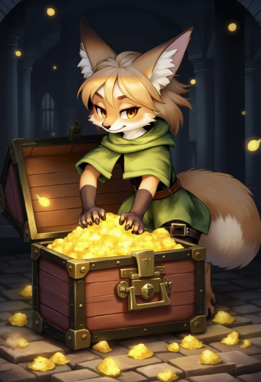 vanillaware, a fox girl thief picking open a treasure chest.  