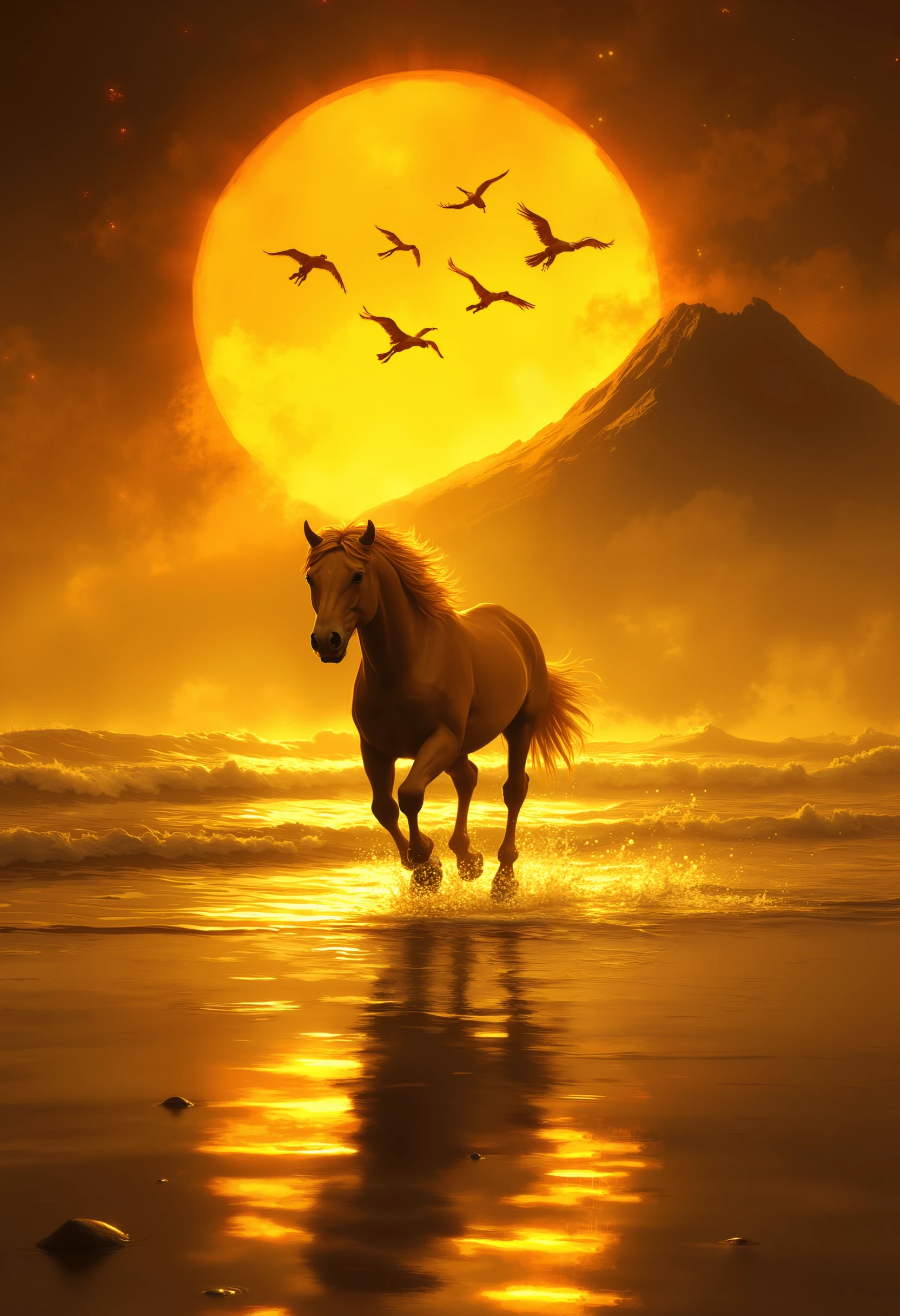 A majestic horse running on the beach, under a solar eclipse sky and a yellow sun's reflection in the water. Birds flying. Starry sky. Volcano silhouettes in background. Beautiful, magical