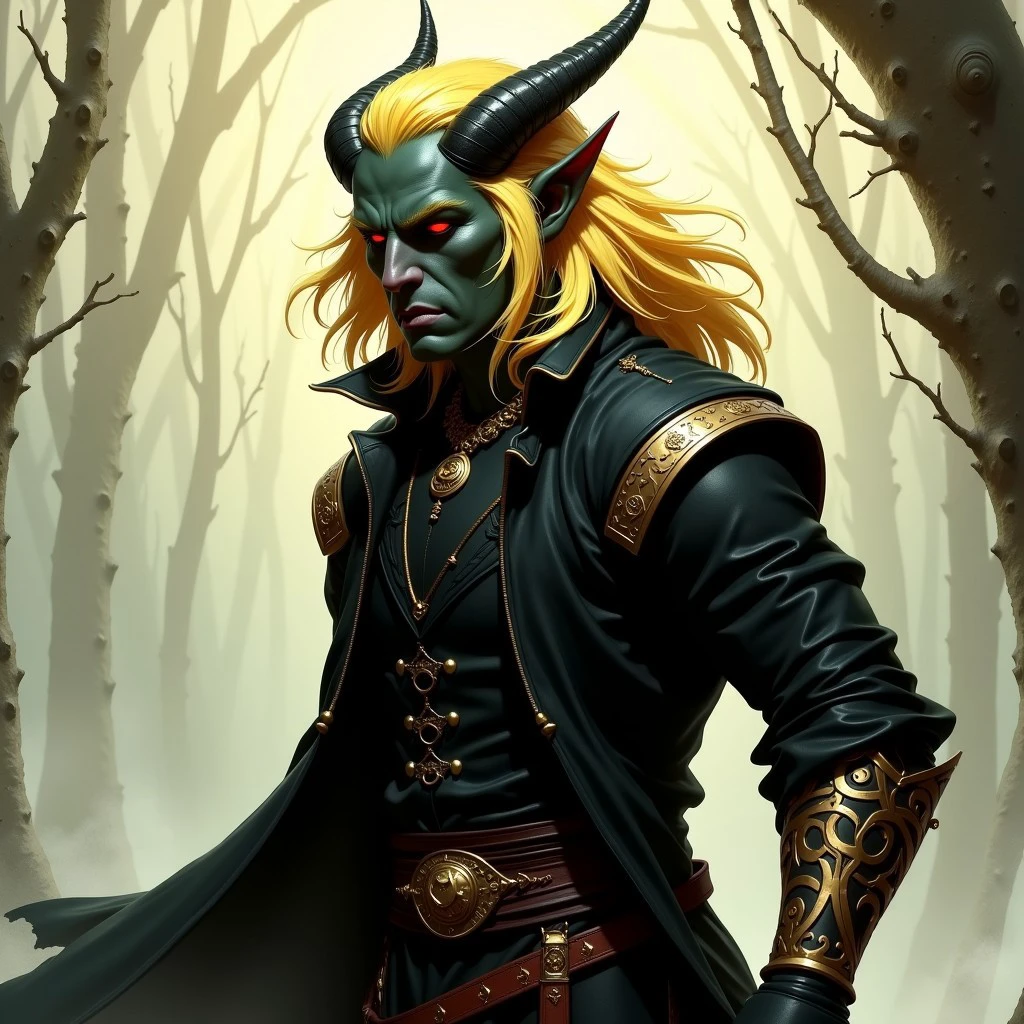 digital fantasy art  , male tiefling black skin , long gold hair, assassin