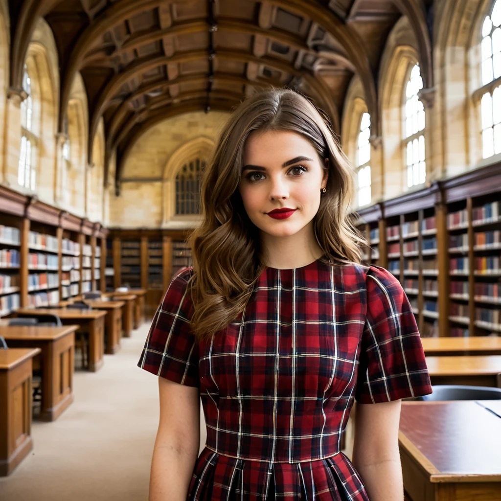 <lora:m414m_67XL-000008:0.8>, a (close up:1.2) photograph of 21 year old beautiful(m414m woman:1.1) as a librarian,wearing a red plaid dress,standing in a (library at Oxford University:1.3),holding an leather bound book,with students studying at (wooden desks:1.2),with (high arched ceiling:1.2),long brown hair,smirk,lipstick,makeup and eyeshadow,(medium close up shot),professional portrait, 4k wallpaper, highly detailed, bokeh