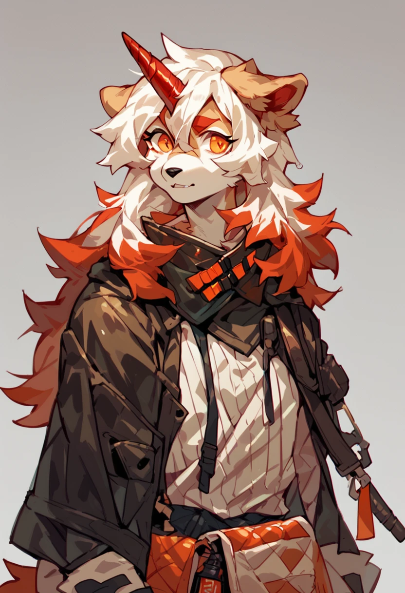 score_9, score_8_up, score_7_up, score_6_up, furry, anthro, solo, adult, realistic, hung, perro, arknights, two-tone fur, medium hair, white hair, single horn, orange eyes, cowboy shot, <lora:Hung:1>