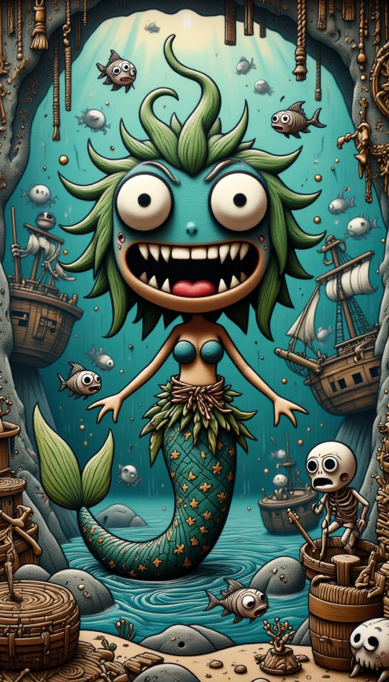 A claymation style image of A twisted mermaid, set in a decaying underwater cave: razor-sharp teeth, glowing bioluminescent scales, tattered seaweed-covered fins, maniacal, haunted expression, dimly lit cavern filled with rusting shipwrecks, schools of skeletal fish darting past, eerie whispers echoing through the water, crushing pressure.