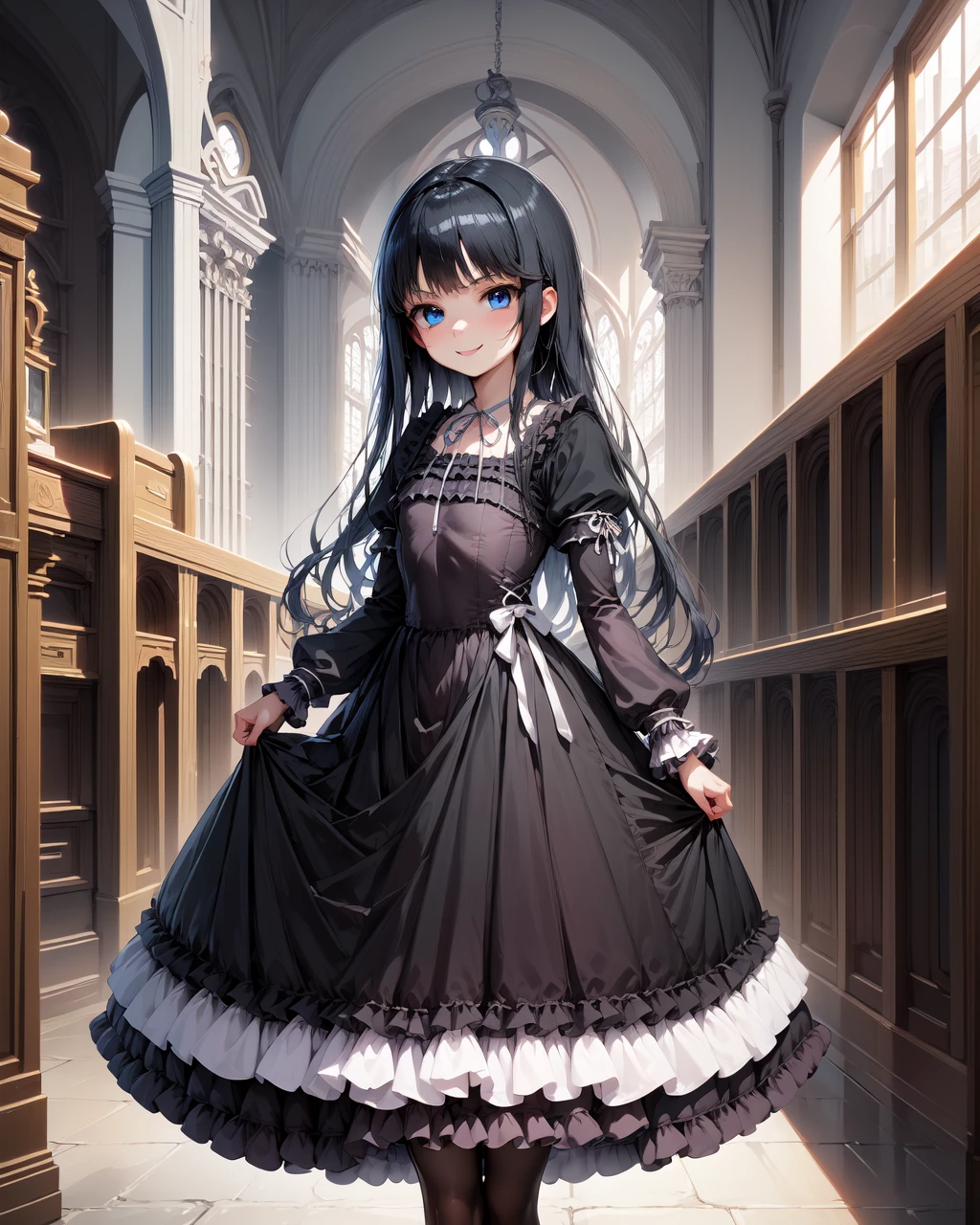 church,indoor,
1girl,solo,long hair,blue eyes,black hair,very long hair,
long sleeves,dress,ribbon,pantyhose,frills,puffy sleeves,black dress,black pantyhose,neck ribbon,frilled dress,juliet sleeves,white ribbon,skirt hold,
standing,smile,<lora:Natsuki_Minamiya(Strike The Blood):1>,