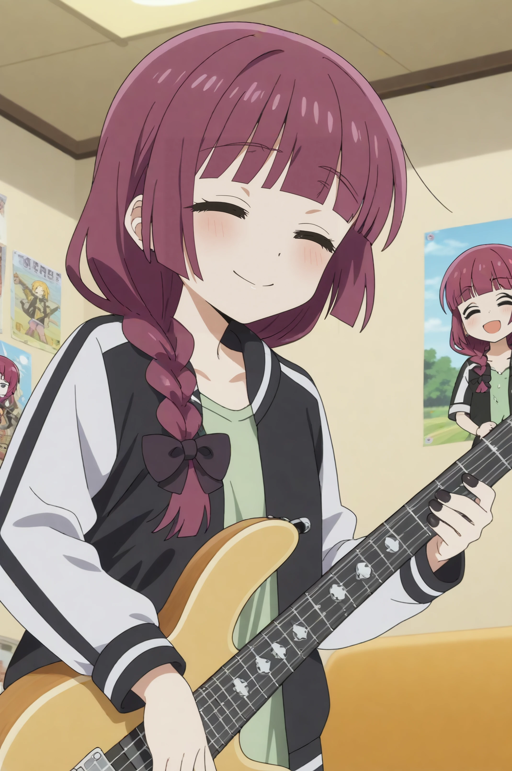 kikuri hiroi,anime screencap,1girl,solo,purple hair,black nails,bangs,braid,hair over shoulder,open jacket,multicolored jacket,indoors,music room,smile, poster,standing,eyes open, electric guitar,good_hands   <lora:Kikuri_Hiro.safetensors:0.8>