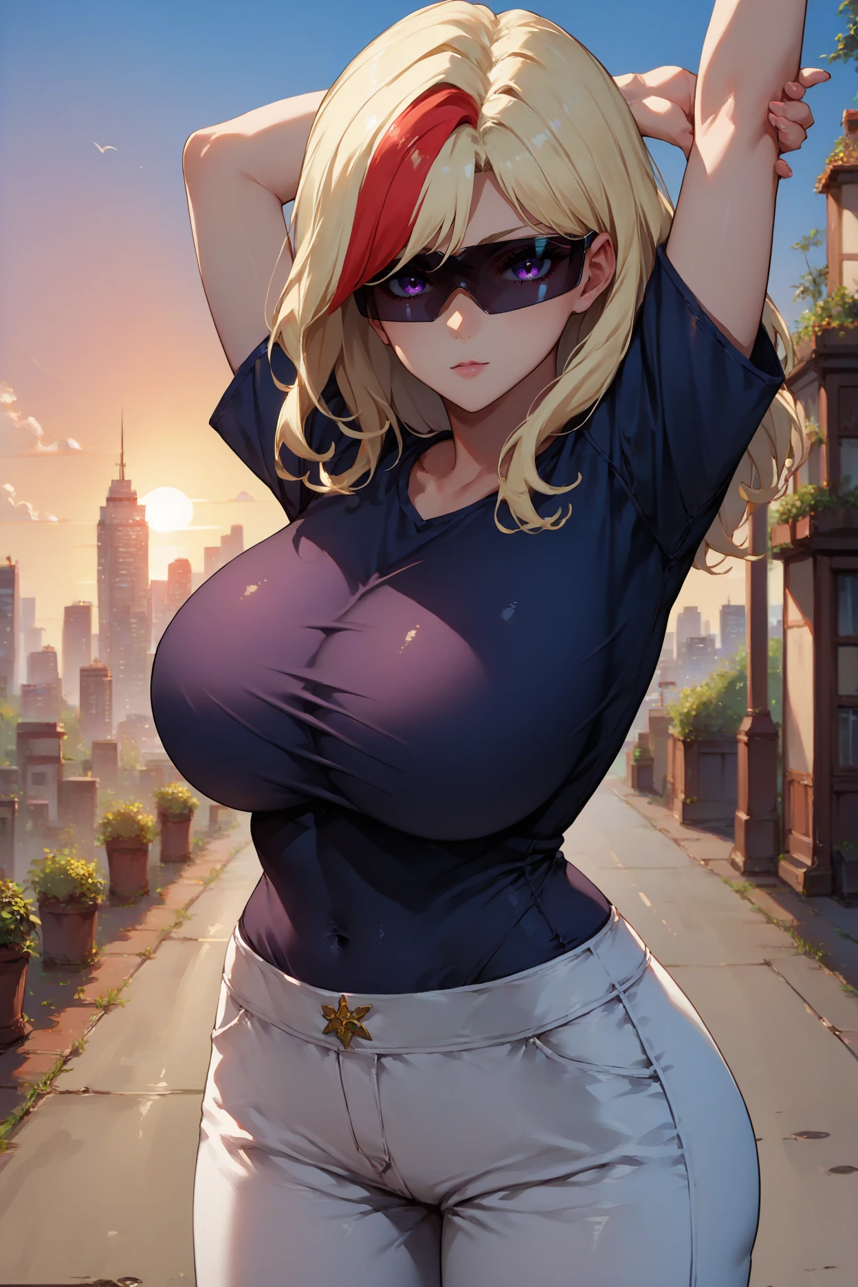 score_9, score_8_up, score_7_up, score_6_up, source_anime, 1girl, solo, <lora:hasumirain-pdxl-nvwls-v1-000005:1> valkHR, multicolored hair, blonde hair, medium hair, huge breasts, purple eyes, sunglasses, covered eyes, black t-shirt, white pants, stretching, looking at you, sunset, city