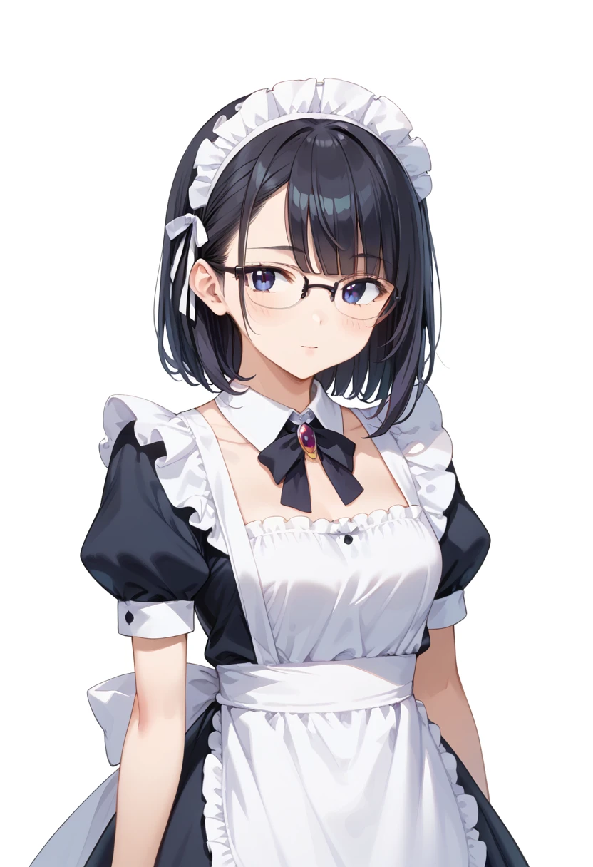 score_9, score_8_up, score_7_up, rating_safe, masterpiece, best quality, absurdres, unity 8k wallpaper, official art, official style, source_anime, uncensored, game cg, megami magazine,
1girl, solo, black hair, medium hair, upper body, covered eyes,maid, maid headdress, black dress, maid apron, face focus, 
halfrim15S, still life, white background, simple background, black-framed eyewear,
 <lora:glasses_halfrim15s_PONY_V1:1>