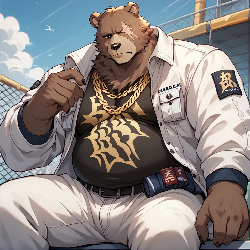 score_9, score_8_up, score_7_up <lora:Ben_Bigger:0.9> ben bigger, bear boy, scar on eye, 1boy, solo, bara, belly, white jacket, white pants, gold chain