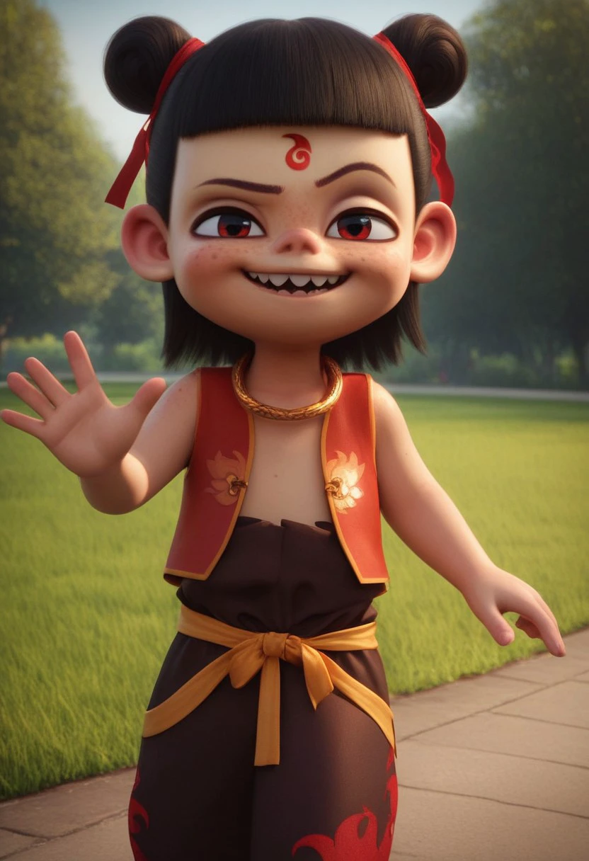 score_9, score_8_up, score_7_up, NeZha2019, 1boy, freckles, teeth, blunt bangs, necklace, hair bun, double bun, hair ribbon, red hair ribbon, forehead mark, chinese clothes, short hair, black hair, sleeveless red vest, round head, red eyes, black eye shadow, big head, solo, looking at viewer, smug, walking, waving at viewer, one hand in pants, 3d, afternoon, chinese park, grass, trees, male focus, detailed background, 4k, masterpiece, best quality, highly detailed, realistic, full shot