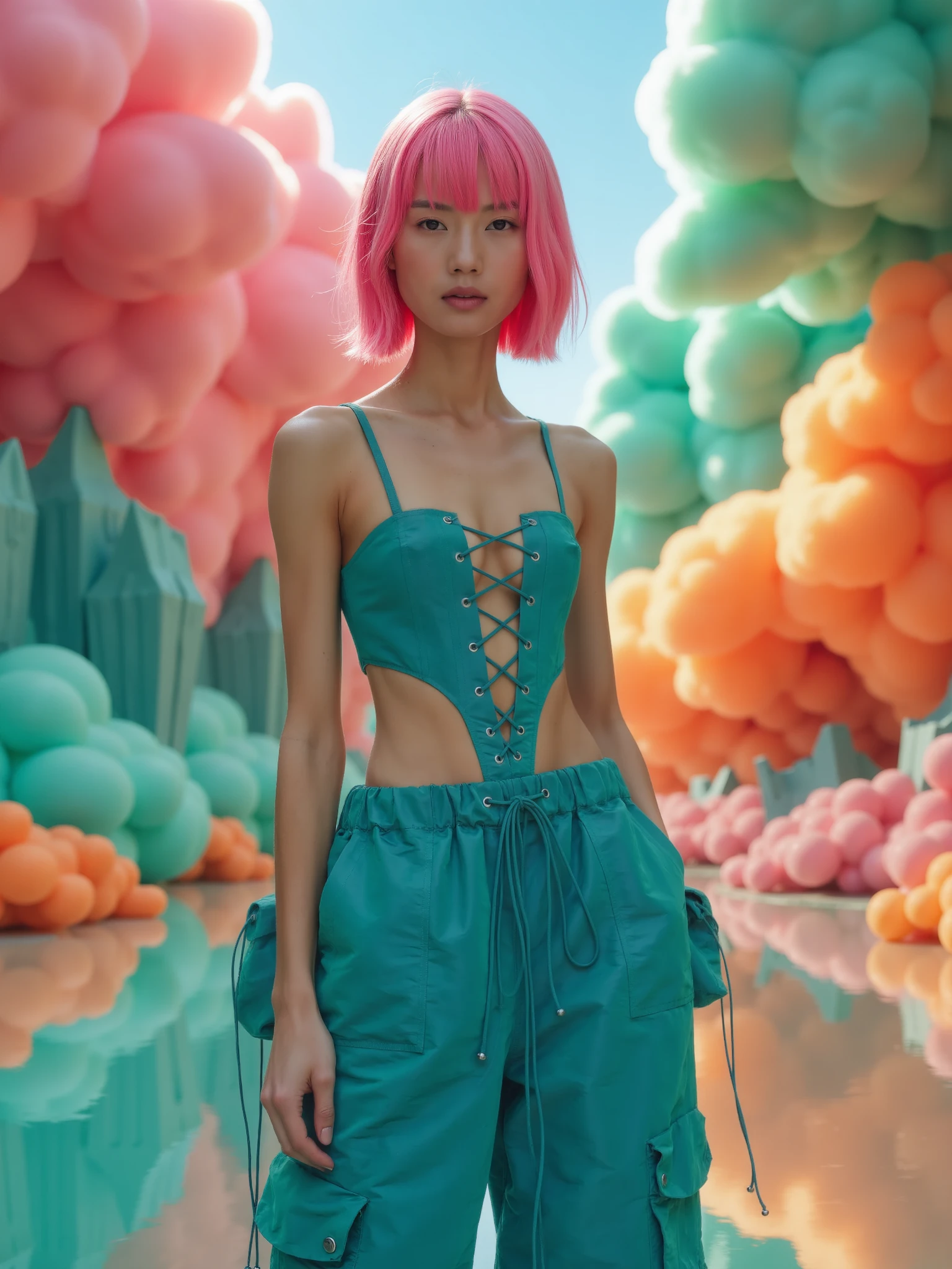 LaQuan,Create a visually striking fashion editorial image featuring an Asian model with vibrant pink hair, styled in a modern, edgy cut. The model is dressed in a LaQuan teal outfit featuring a lace-up corset top with rivet detailing along the edges, paired with matching cargo pants that have a relaxed fit and multiple pockets. The pants are cinched at the waist with a drawstring and taper at the ankles, combining a utilitarian aesthetic with contemporary fashion.

The background is a surreal, fantastical landscape filled with vibrant, cloud-like formations in a narrow, canyon-like setting. The scene is awash with rich, saturated colors—deep greens, warm oranges, and soft pinks—that create a dreamlike atmosphere. The path beneath the model appears to be a reflective surface, capturing the colorful surroundings in a fluid, almost otherworldly way. The model’s striking pink hair contrasts beautifully with the vivid, organic shapes around her, while the teal outfit stands out against the lush, surreal environment.

The overall image should evoke a sense of being transported into a fantastical world where fashion meets imagination, blending bold, modern style with a stunning, otherworldly backdrop.