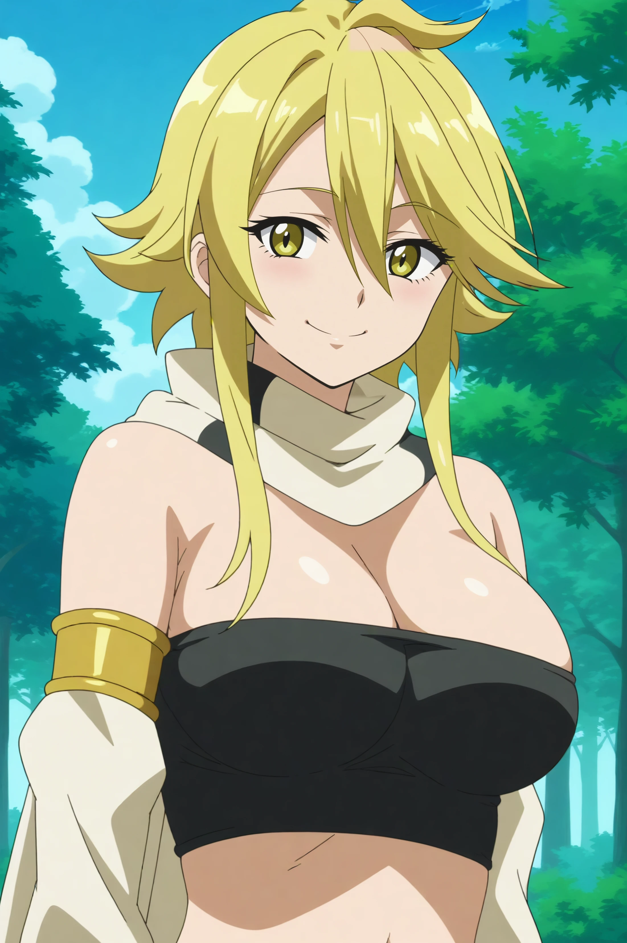 leone,anime screencap,1girl,mature,solo,breasts,cleavage,smile,yellow eyes,scarf,sidelocks,bare shoulders,hair between eyes,looking at viewer,midriff,navel,sky,forest <lora:Leone.safetensors:0.8>