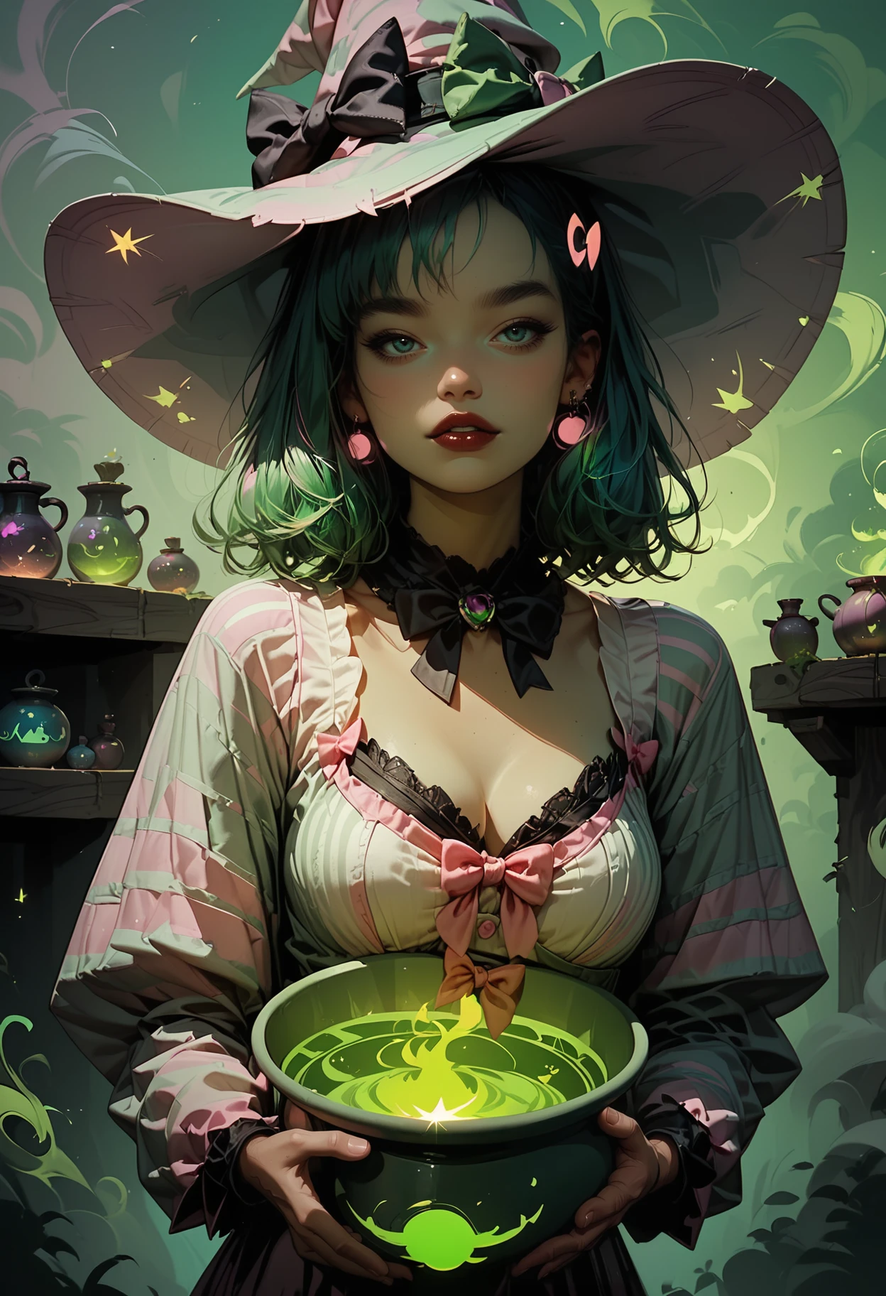 score_9, score_8_up, score_7_up, score_7, score_6_up, score_5_up, reij-nmrt, a woman wearing (((reij-pnkwtch <lora:PinkWitch-000003:1>))), Magic cauldron, green mist, sifting mist, dark, mist glows neon green<lora:artstyle-000008:0.8>,