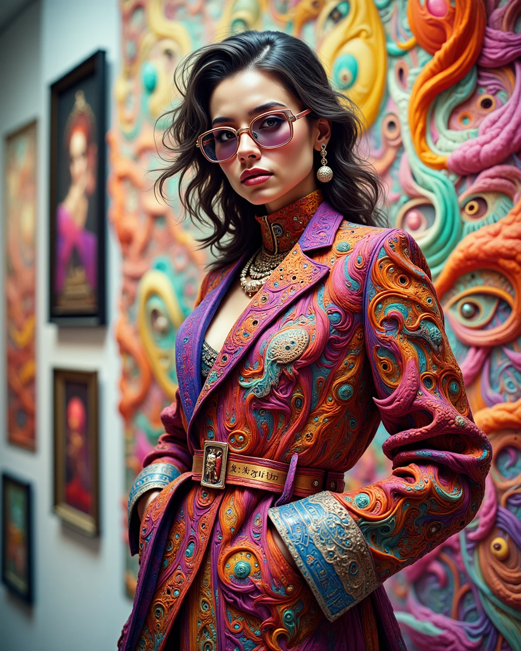 very strict and snarky artist of avant garde ultra-expensive art, reluctantly presenting her artworks for you, wearing crazy designer fashion, wearing glasses