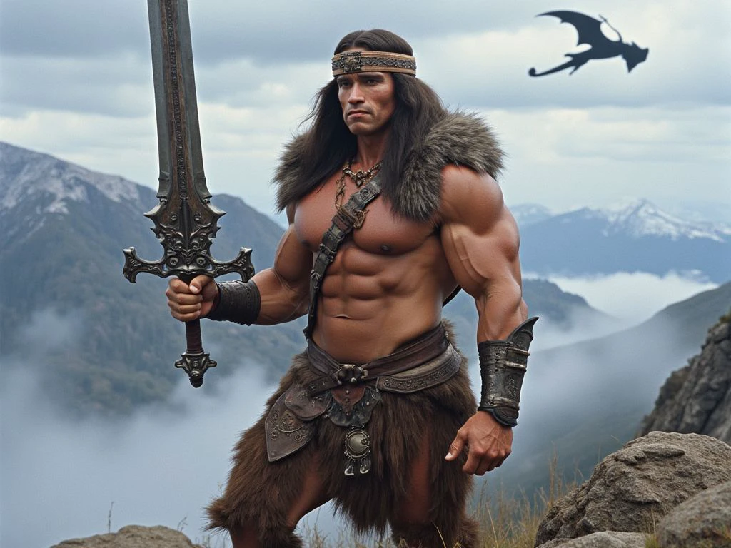 A muscular Caucasian Arnold Schwarzenegger T800Arnold man as ConanTheBarbarian, a warrior in a fantasy realm. His very muscular bodybuilder physique is adorned with intricate leather and fur armor that showcases his impressive muscular body, with very long flowing dark hair. He wears an armored leather circlet on his head. He stands atop a misty mountain ridge, wielding a massive, rune-inscribed great sword. In the background, a dragon circles a distant, glittering citadel. His expression is a blend of stern seriousness and determination. <lora:ArnoldActionHero_Flux:0.8>