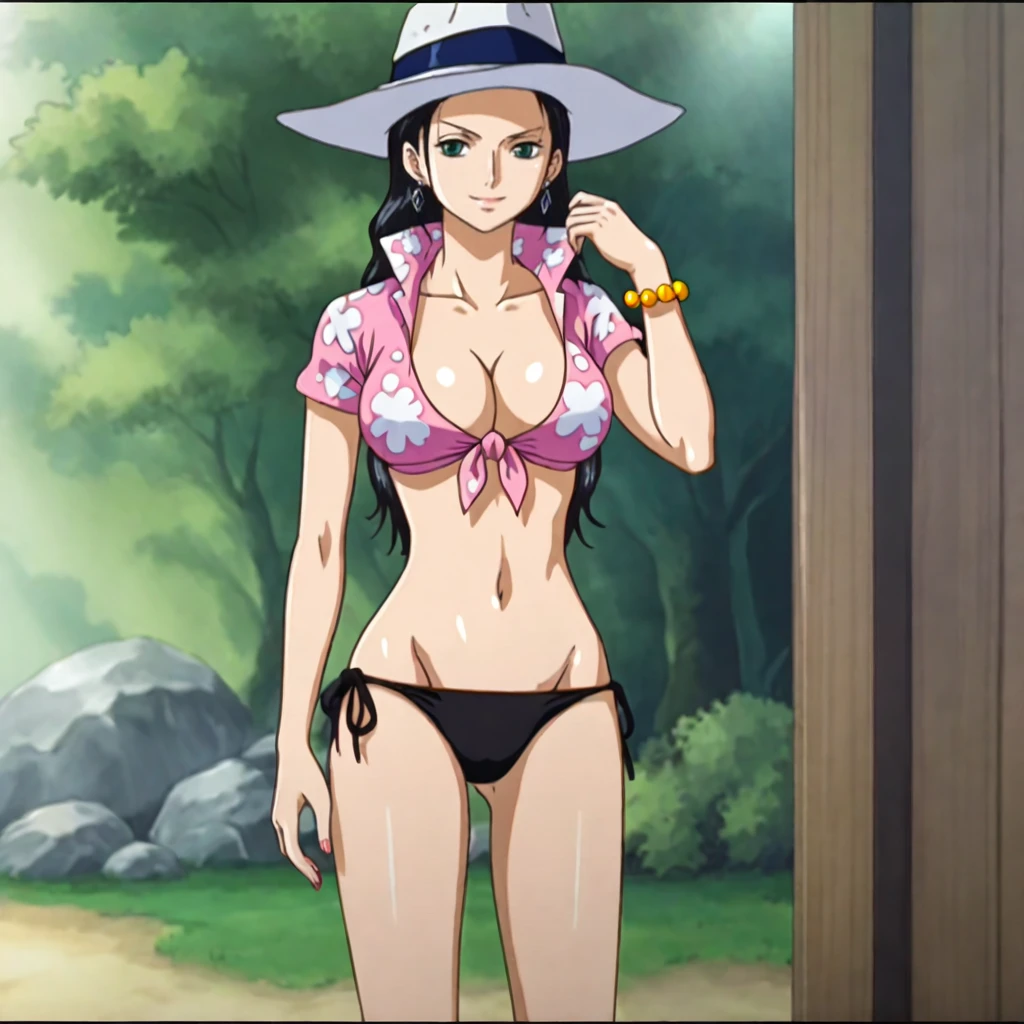 <lora:NicoRobinOnePiece_pony_v1:.75>NicoRobinPinkShirt, 1girl, black hair, large breasts, tied shirt, bikini bottom only, long hair, jewelry, swimsuit, side-tie bikini bottom, groin, hair slicked back, cleavage, navel, lowleg bikini, bracelet, hat, midriff, green eyes, short sleeves, earrings, black bikini, front-tie top, crop top, shiny, cowboy shot