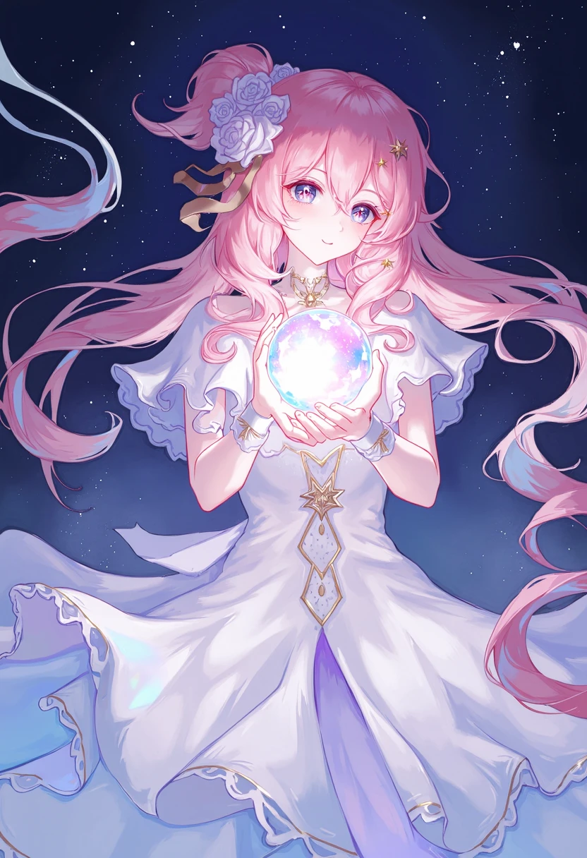 The image portrays a serene and ethereal female character with pink hair adorned in a white dress with intricate details. She holds a glowing orb that reflects the cosmos set against a starry night sky. The art style is reminiscent of anime or manga characterized by its soft color palette detailed character design and dreamy atmosphere.