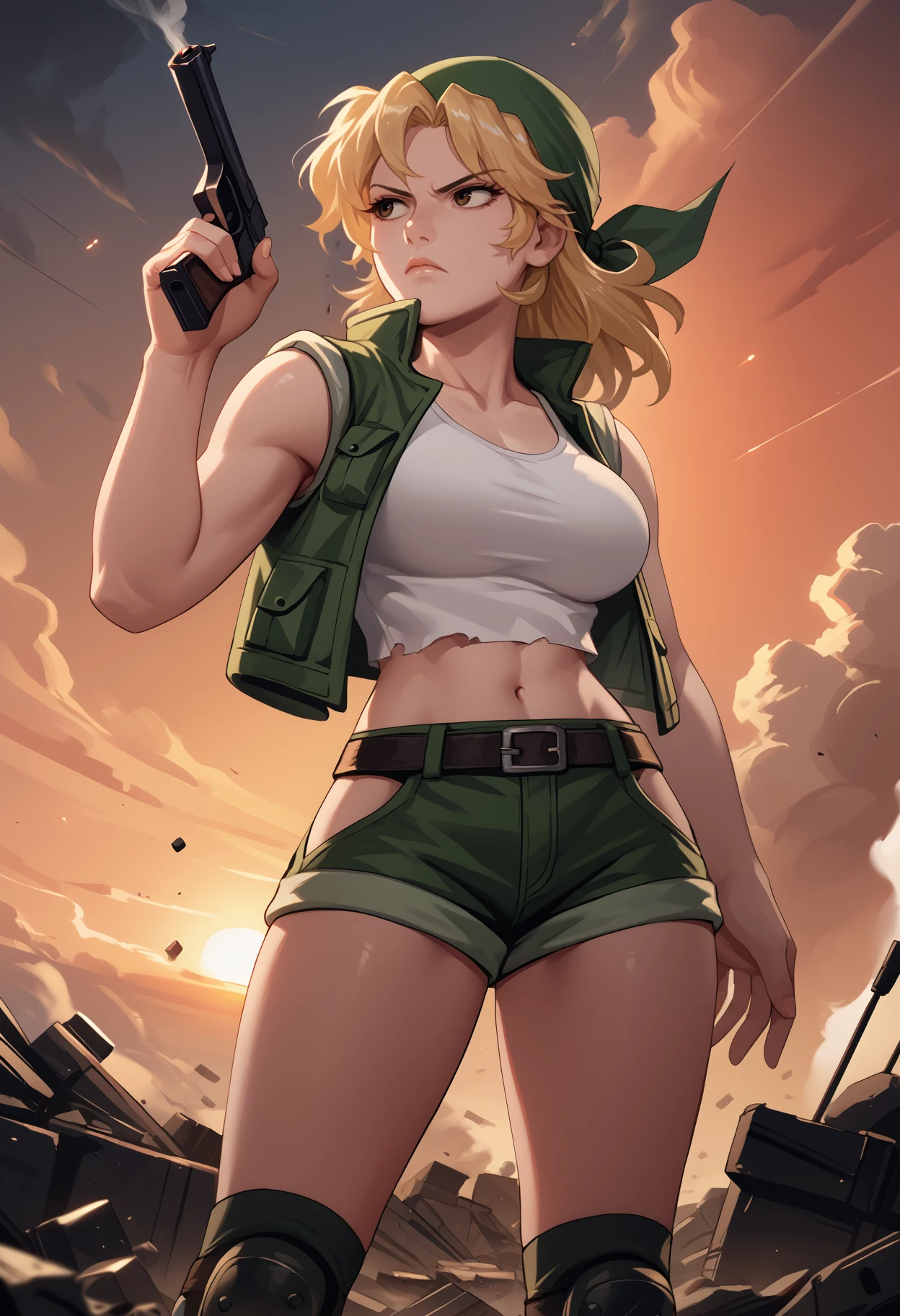 score_9, score_8_up, score_7_up, source_anime, <break> solo, 1girl, kasamoto eri, serious, looking away, standing, holding gun, handgun, bandana, green vest, open vest, white tank top, crop top, green shorts, short shorts, hip vent, belt, knee pads, midriff, large breasts, sunset, cloud, outdoors, battlefield, debris, smoke
<segment:yolo-face_yolov8m.pt,0.4,0.5//cid=1>