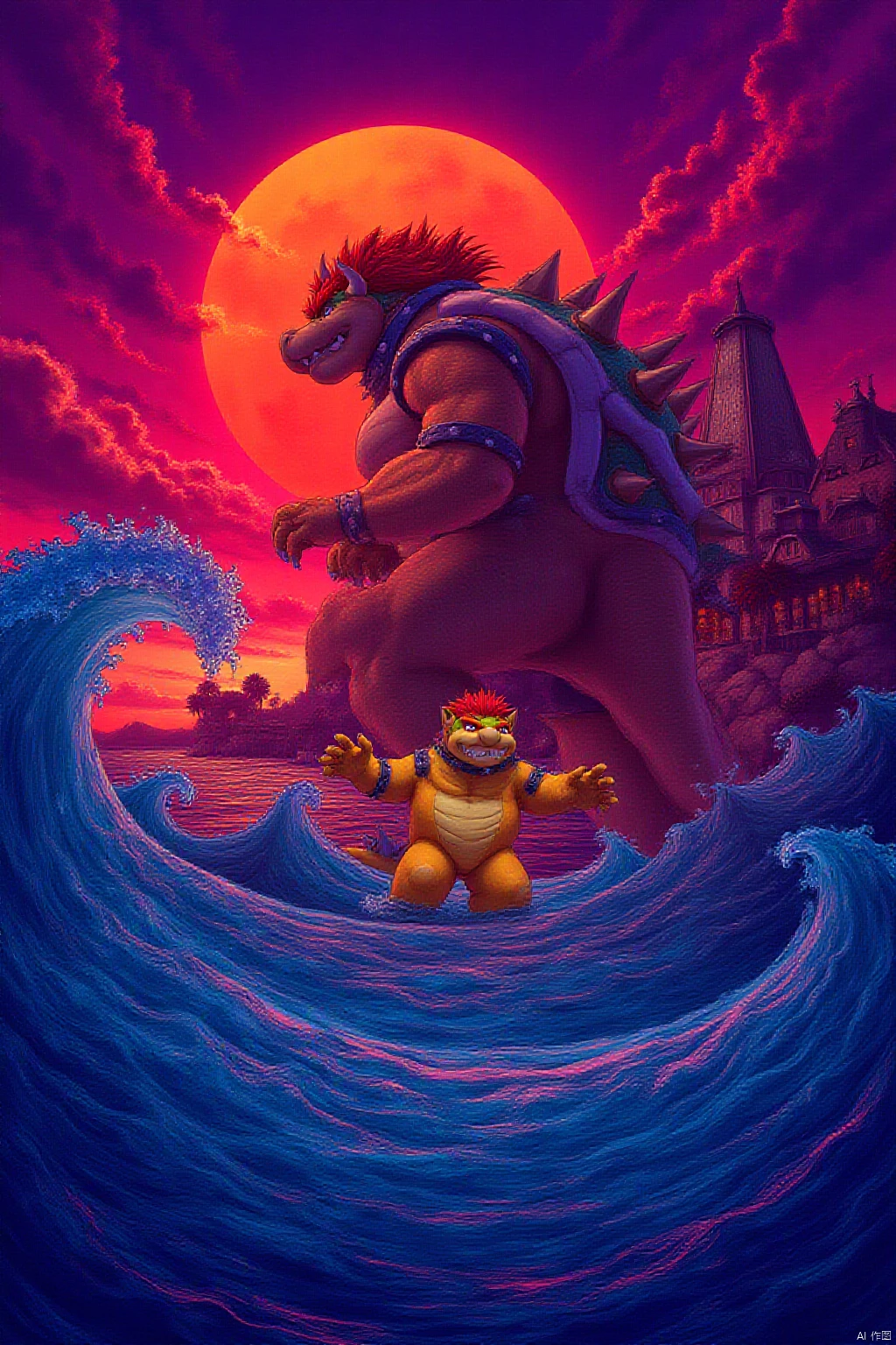 Giant Bowser standing in the sea, sunset on the beach town,huge blue waves,by Justin Gerard,psychedelic art,full of deep red colors and rich detail,vibrant and rich colors,waves,tropical undertones