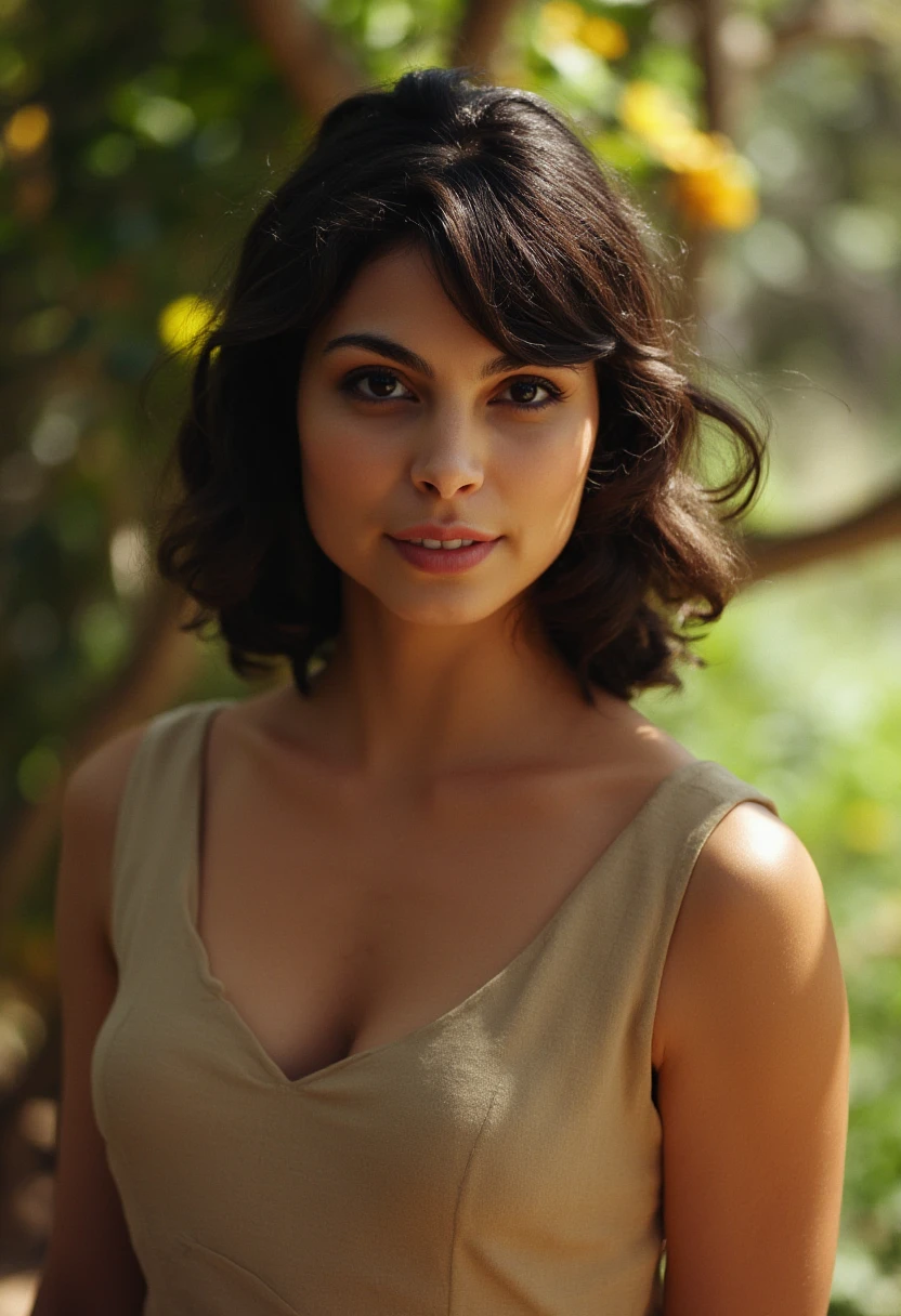 subtle grain, cinematic quality, professional portrait of morena baccarin, dress, makeup, brown hair, fine art photography, film still, movie scene, outdoors, smile,