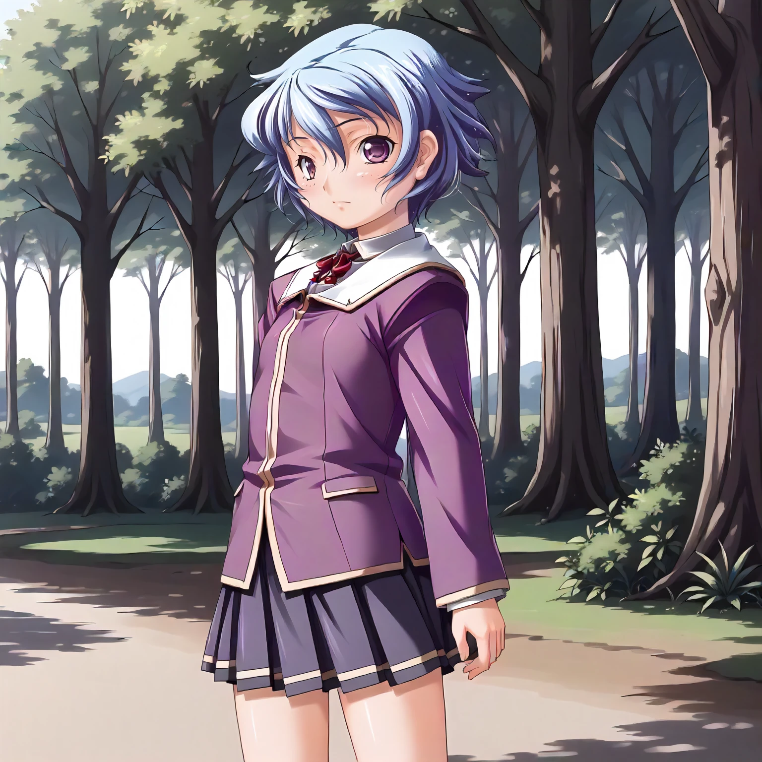 <lora:SDG_AkaneSakurazawaXLpony002>,
outdoors,nature,
solo,
AkaneSakurazawa,1girl,blue hair,short hair,purple eyes,
school_uniform,neck ribbon,purple jacket,
pleated_skirt,
standing,