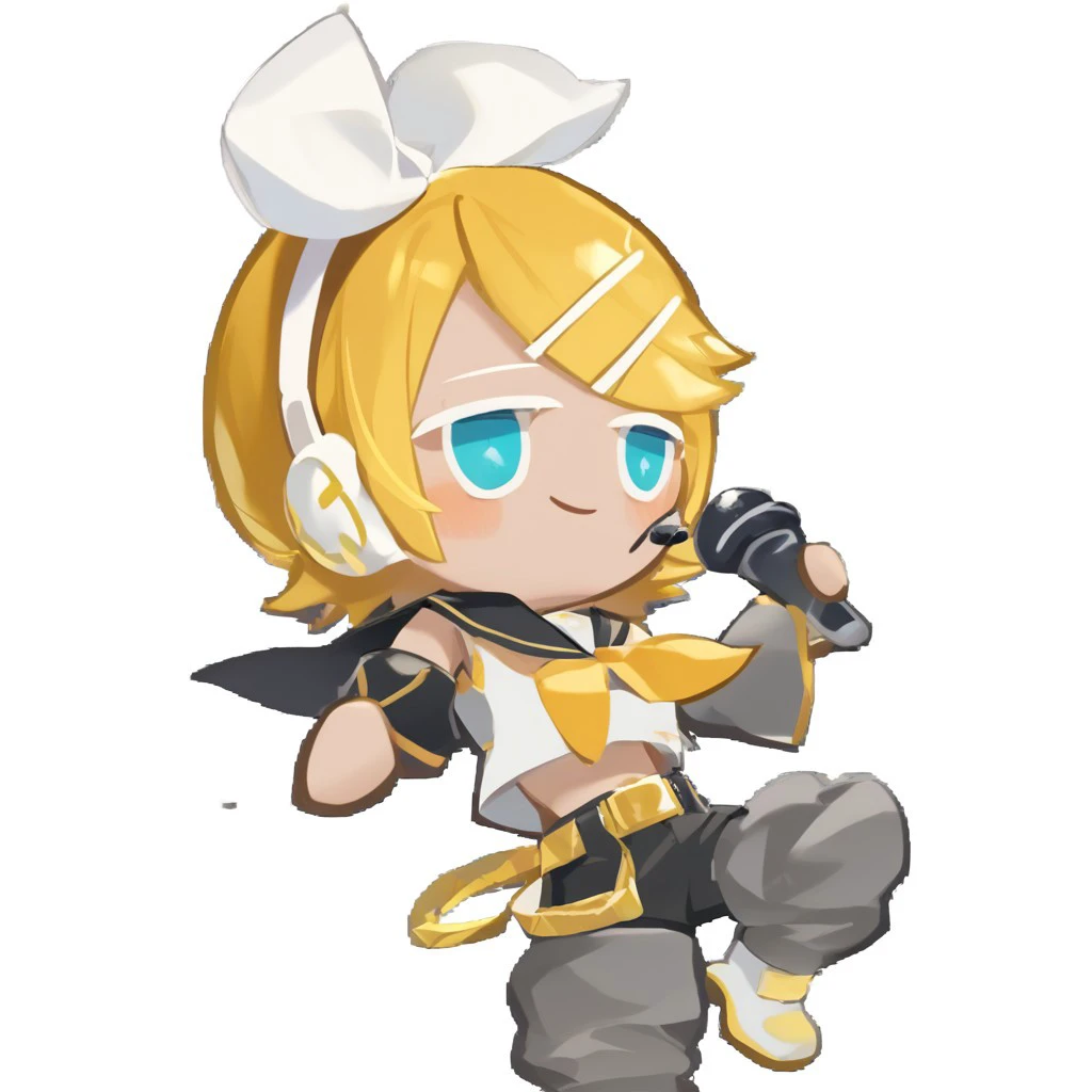 score_9, score_8_up, score_7_up, source_cartoon, solo, 1girl, 4K, high definition, high resolution, blush, white background, crk_style, gingerbread, chibi, black microphone, holding microphone, rin kagamine, blonde hair, blue eyes, hair bow, headset, short hair, headphones, bare shoulders, belt, black sailor collar, black shorts, bow, crop top, detached sleeves, grey legwear, grey shorts, grey sleeves, hair bow, leg warmers, neckerchief, sailor collar, school uniform, shirt, short shorts, short sleeves, shorts, white bow, white footwear, white shirt, yellow neckerchief