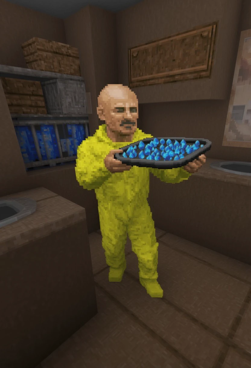 d00mstyle, Walter White from Breaking Bad in a hazmat suit in and underground laboratory holding a tray full of small blue crystals.