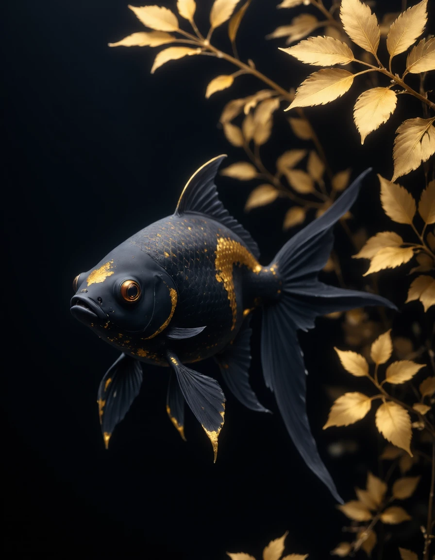 closeup shot of a black goldfish, surrounded by a forest of golden golden leaves, glowing eyes,elegant gold trim covers the body,visually striking patterns made of gold, a golden glow can be seen between the blackened scales of the fish, breathtaking shot,black background, dynamic shot, background blur,a slight golden glow emanates from the ocean floor,dutch angle, looking at viewer, background blur, 1990's analog amateur photograph