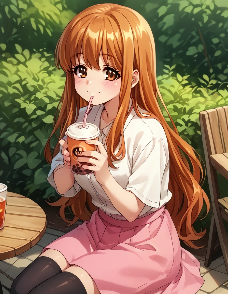 Aki, long hair, brown hair, orange hair, brown eyes, black thighhighs, pink skirt, score_9, score_8_up, score_7_up, score_6_up, score_5_up, score_4_up, source_anime   <lora:HaremCamp:1>, smile, sitting, drinking tea,