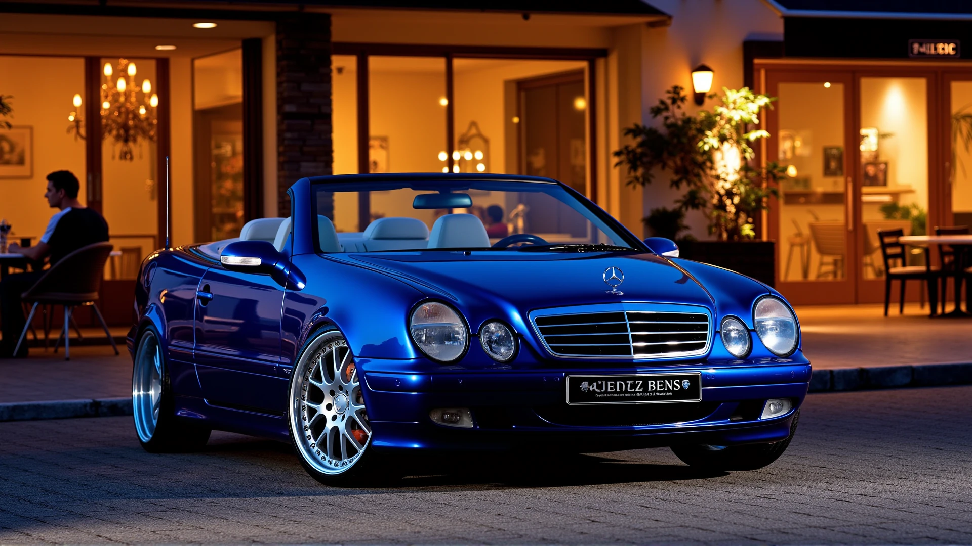 a Photo of a 1999 Mercedes-Benz CLK A208 Convertible,black interiour,blue metallic,porsche cup rims,at a cafe,paris,sunset,dramatic angle, <lora:CLK A208:1>