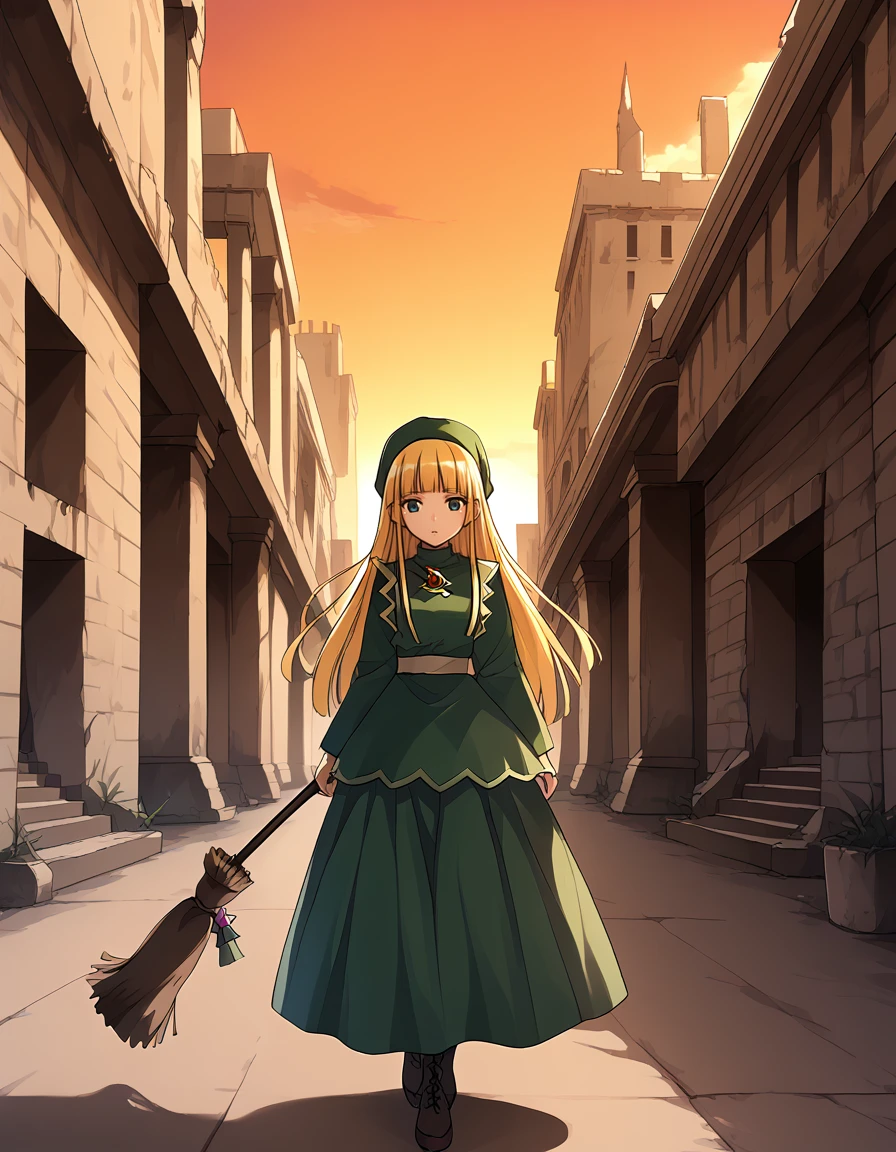 <lora:witchP4_SDXL_pony_fp16_ver10_168:1>,witchP4,1girl,blonde hair, long hair,  blue eyes,green dress,green headwear,long sleeves,long skirt,cross-laced footwear, brooch,blunt bangs,light green sash ,broom,ruins, walking, sunset,, score_9, score_8_up, score_7_up, BREAK source_anime, rating_explicit, best quality, masterpiece, uncensored,<lora:pony_good_hands:1>,good_hands ,[pony diffusion V6 is trained by PurpleSmartAI:100]