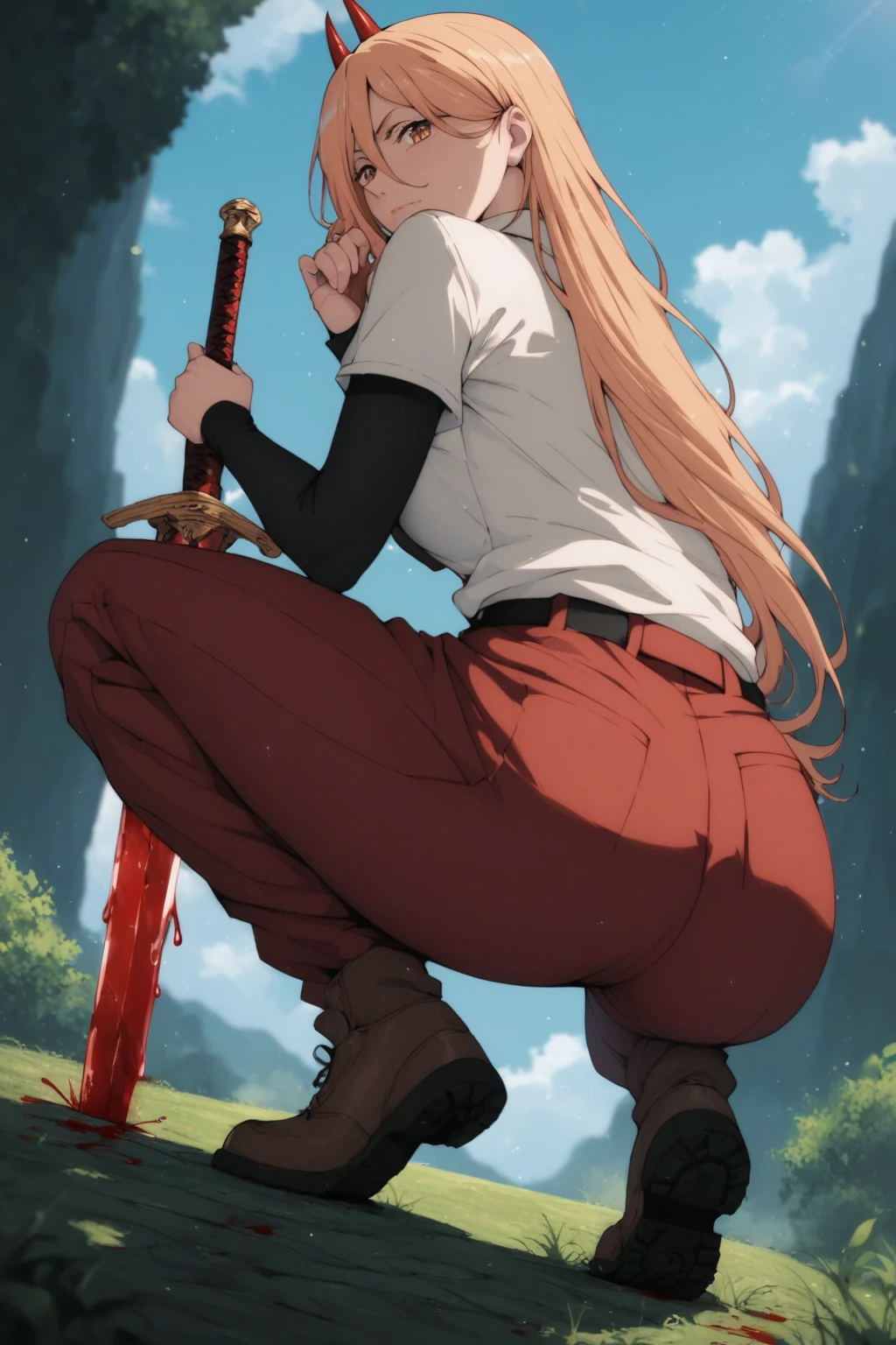 score_9, score_8_up, score_7_up, score_6_up, score_5_up, score_4_up, masterpiece, high quality, BREAK, full body, BREAK, 1girl,  <lora:SwordPlantSitting:0.9> SwordSit, sword in hand, sword planted, solo, weapon, ass, crouching, holding sword,  <lora:P0w3eeerXL_Pony_v1:0.78> 1girl, p0w3r0x1, long hair, blonde hair, red horns,demon pupils, blood sword, red sword, liquid sword