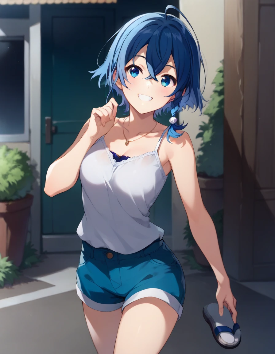 score_9,score_8_up,score_7_up,score_6_up BREAK official art,solo,outdoors,cowboy shot,looking at viewer,facing viewer,smile,misakino kukuru,ahoge,short hair,shiny hair,blue hair,braid,hair between eyes,blue eyes,jewelry,necklace,white camisole,medium breasts,blue shorts,short shorts,shorts rolled up,sandals,<lora:Misakino Kukuru(taws)-Pony:1.2>,<lora:Smooth Anime Style LoRA XL:0.8>,