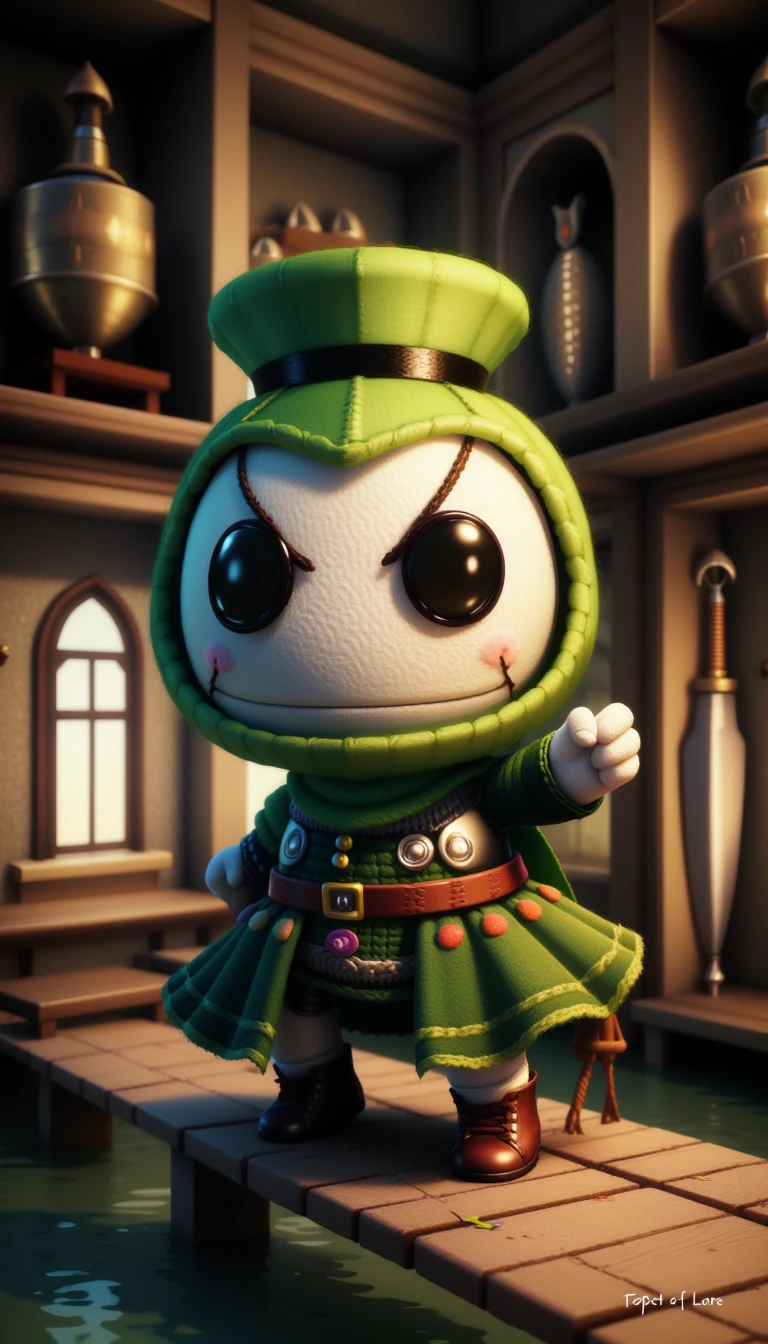 <lora:SackboyCharacterFlux:1> sackboy Ghost St. Patrick from Power, cute face expression, woven, stitches, stitching, in a pose: Balancing on one foot on a narrow bridge arms extended symbolizing balance and determination., in location royal armory hall, displays of ancient weapons, suits of armor, history of valorous knights