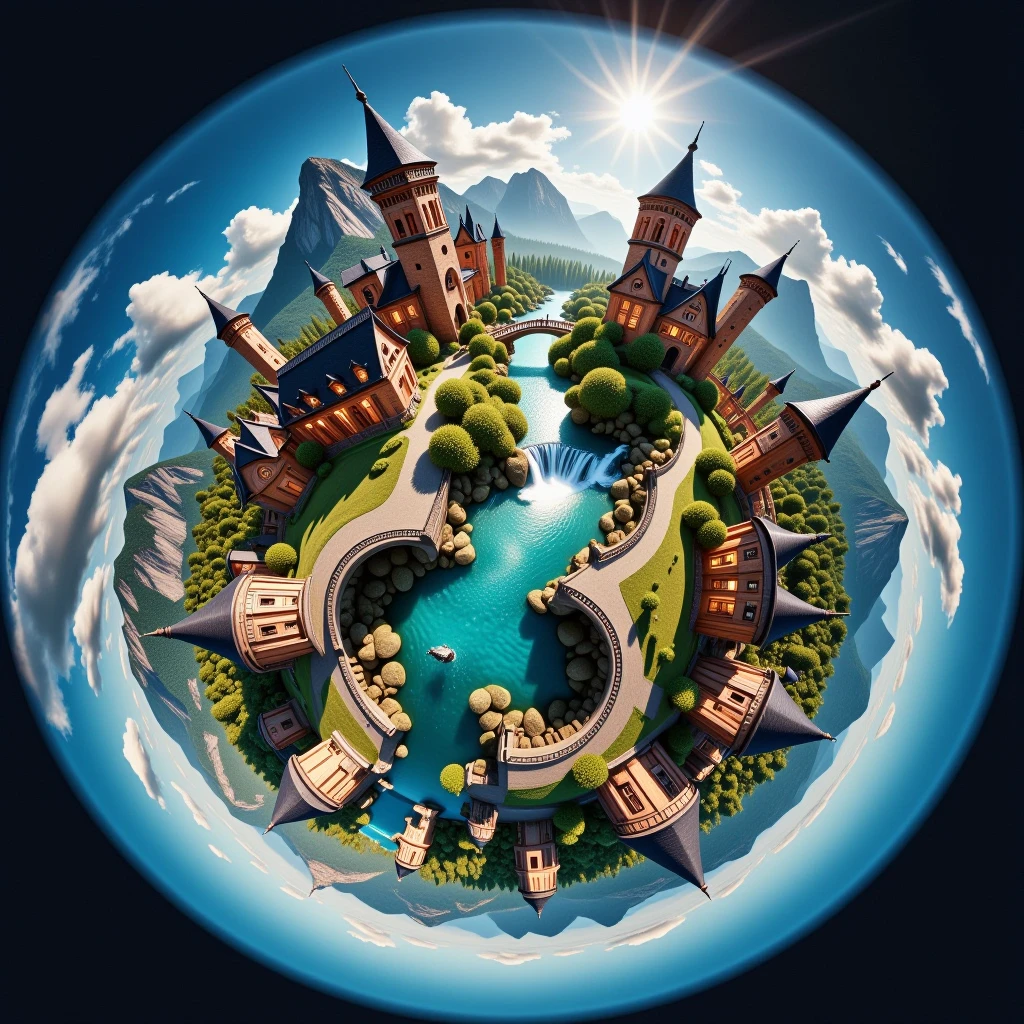 <lora:TinyPlanetFlux:0.8> TinyPlanet Majestic Elven City: Graceful architecture, waterfalls, glowing trees, elegant bridges, floating lanterns.