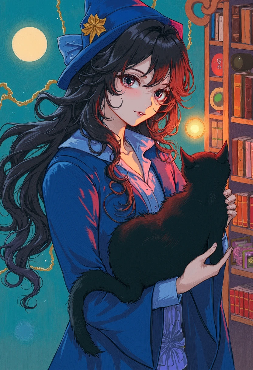 Coloured pencil drawings,wizard,1 girl,illuminated by the moonlight,with her black cat familiar,Fantastically lit library,invoking magic,best quality,newest,absurdres,