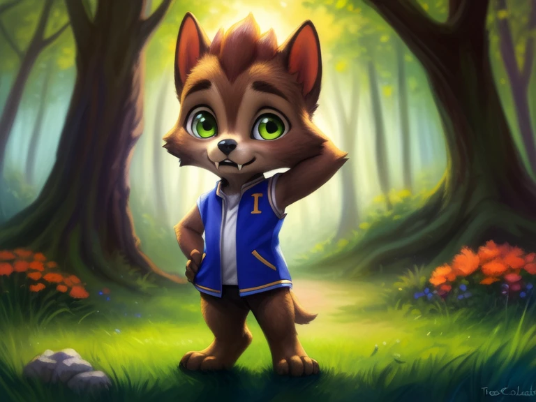 <lora:LoboSupMonYif:0.88> LoboSupMon, werewolf, green eyes, white shirt, green vest, fangs, chibi,
Looks at the viewer,  ((Hands on hips, standing,hand behind head,))
[ large window, (nature), forest, grass, day shining, clouds, flowers, blanket, blue pillows, ](solo focus),
(beautiful, aesthetic, perfect, delicate, intricate, saturated colors), masterpiece, digital drawing, best quality,
[by kenket|by totesfleisch8], by thebigslick:by silverfox5213:0.8], [by syuro, by paloma-paloma::0.2, (Tricksta, TotesFleisch8)