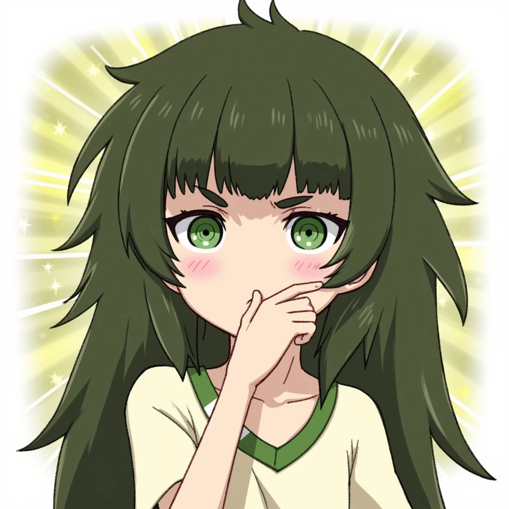 Create a cute maho with green eyes and green long hair character in a cartoonish style, with wide eyes and a surprised expression, one hand raised to his mouth. The character should be wearing a light-colored shirt, with a background that has a burst of light or stars to emphasize the surprise.