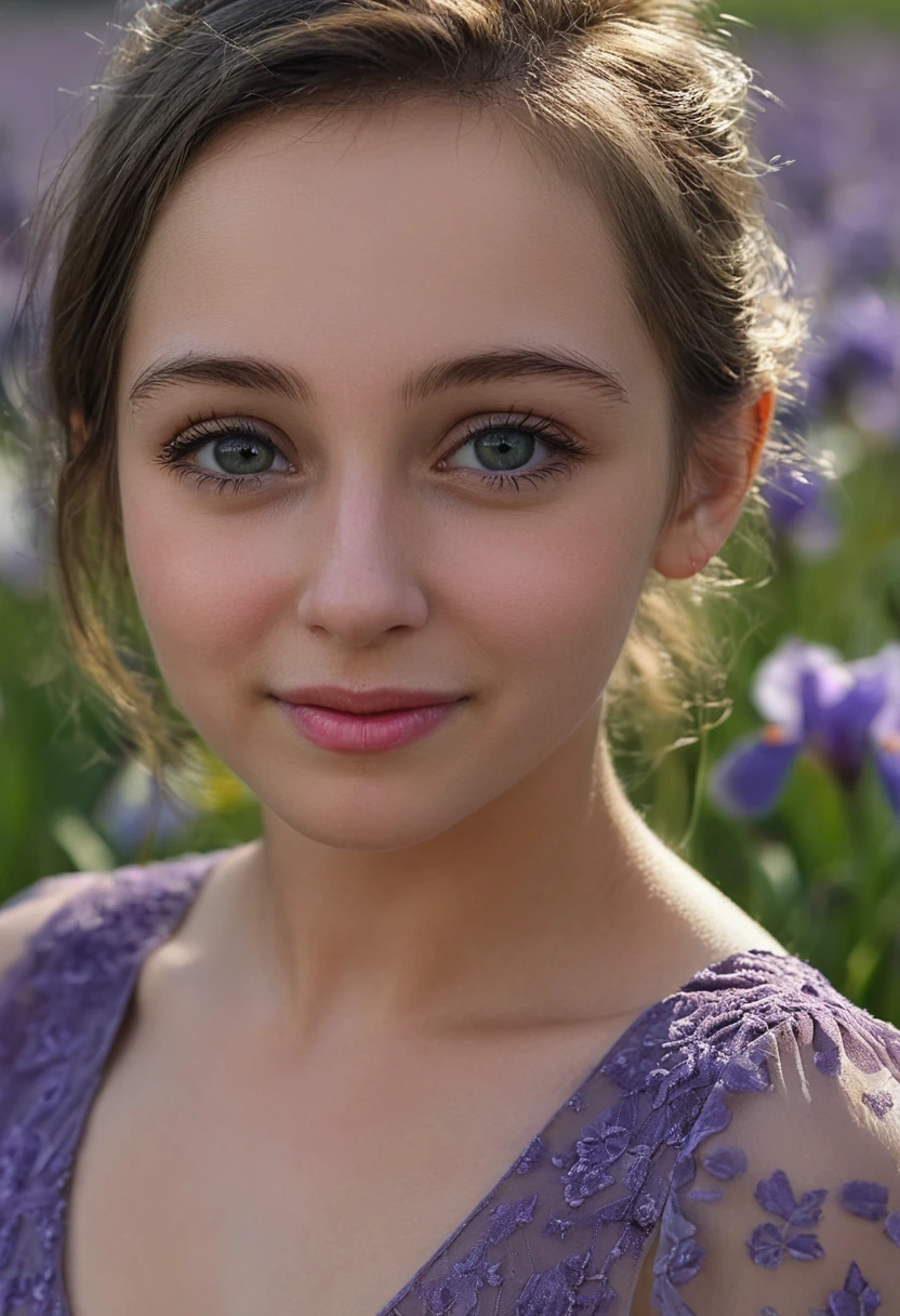 closeup head and shoulders portrait,shauna rae,short woman,<lora:Shauna Rae  SDXL:0.7>,petite,smirk,flower field,formal_dress,UHD,8k,ultrahigh quality,detailed irises and pupils,high quality photography,high detailed defined skin pores,shot on Canon EOS 5D,