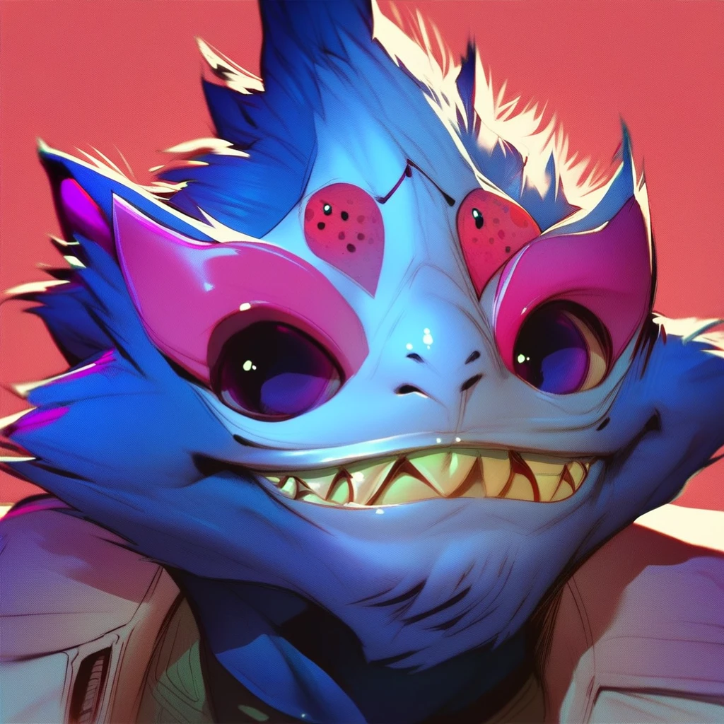 score_9, score_8_up, score_7_up, score_6_up, score_5_up, score_4_up, skittermander, starfinder, blue fur, face focus, sharp teeth, wicked smile