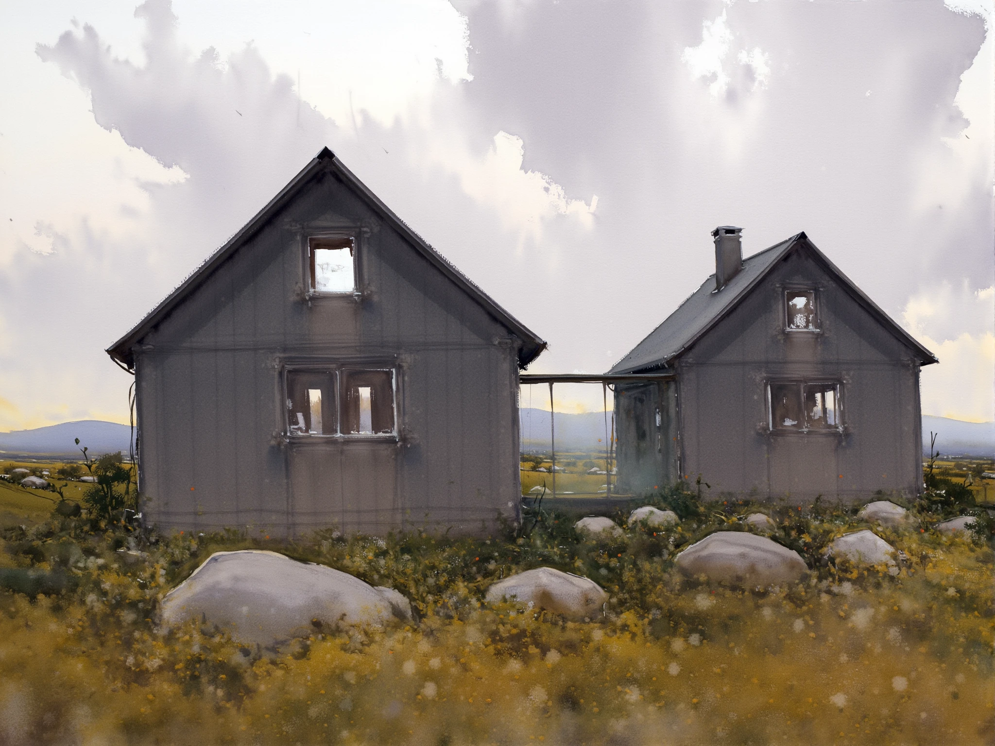 two small connected by a glass passage, gabled-roof houses stand side by side in the middle of the image, blending seamlessly with the natural landscape around them. The houses are built in a minimalist Scandinavian style, characterized by clean, simple lines and a dark, weathered wood exterior. The buildings occupy the center of the image, with their rectangular shapes cutting a stark contrast against the organic forms of the surrounding environment.The facade of each house features large, square windows that reflect the surrounding landscape, including the sky and distant trees. These windows, located in the middle and right portions of the buildings, allow for ample natural light to enter the interiors, enhancing the connection between the indoor and outdoor spaces. A small chimney extends from the roof of the left house, suggesting the presence of a fireplace inside, further adding to the cozy, rustic charm. In the foreground, the ground is covered with a mix of low grasses and small, yellowish-green bushes, which are illuminated by soft, diffused light, likely from the setting or rising sun. Large, smooth rocks are scattered across the landscape, adding texture and depth to the scene. The vegetation and rocks give a sense of a wild, untouched environment, with the house standing as a modest, human-made addition to this natural setting. The background reveals more of the natural landscape, with rolling hills and distant mountains stretching across the horizon on the right side of the image. The sky is filled with dramatic, heavy clouds, primarily occupying the upper left and central portions of the image, suggesting the possibility of an approaching storm or a recent one passing. The interplay of light and shadow across the scene creates a moody, atmospheric feel, characteristic of the rugged Scandinavian wilderness