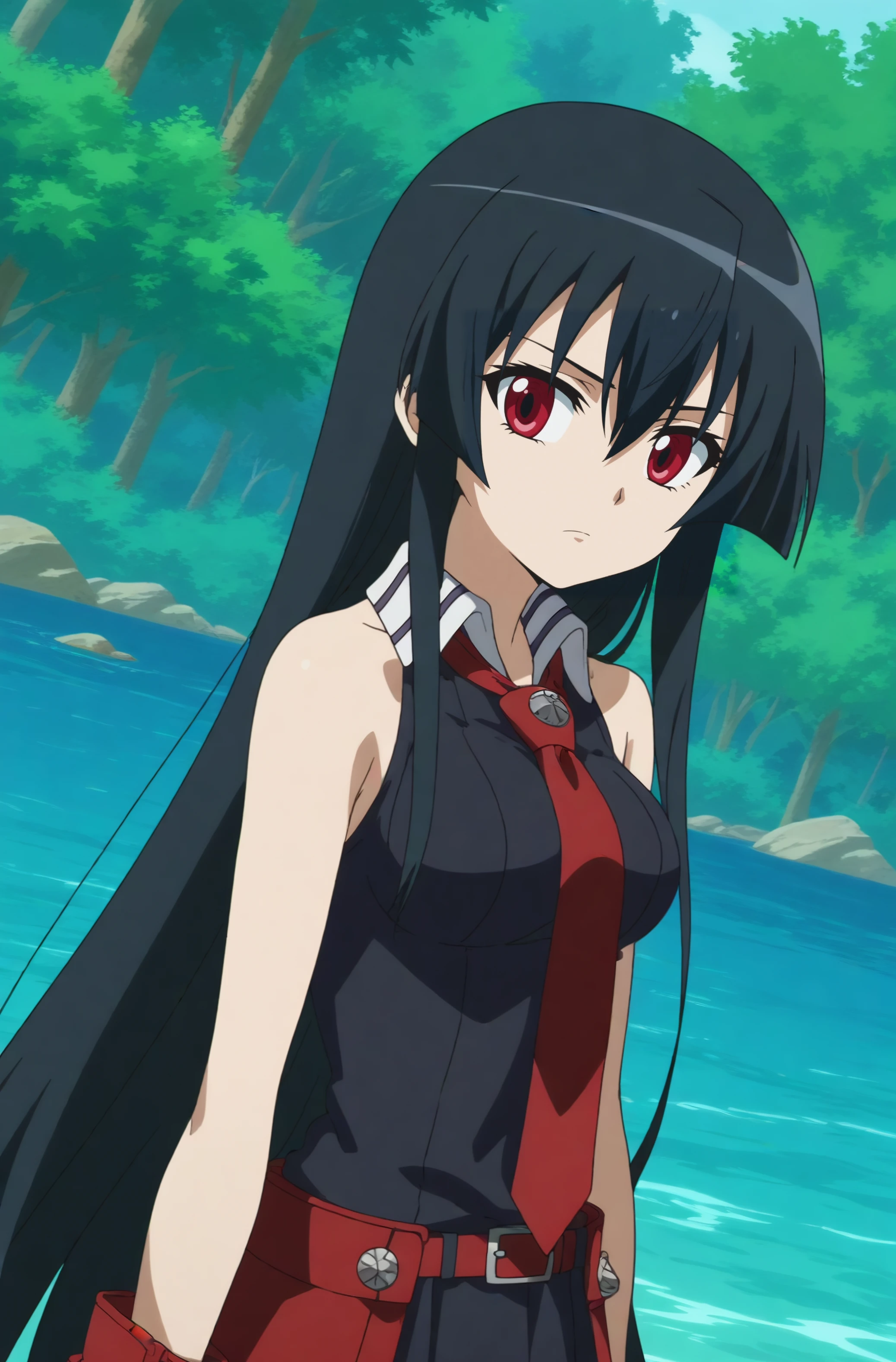 akame,anime screencap,1girl,solo,long hair,necktie,sleeveless,red necktie,bare shoulders,hime cut,very long hair,outdoors,nature,water,cascade,looking at viewer, dutch angle <lora:Akame.safetensors:0.8>