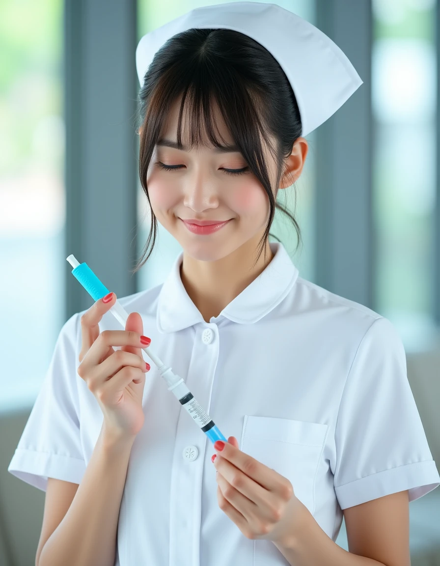 A beautiful Japanese female nurse in short sleeve nurse uniform and nurse cap.  <lora:Nurse_Uniform_Flux-000002:1>, She is preparing a syringe. ready to make an injection on the patient.
No blurry picture.